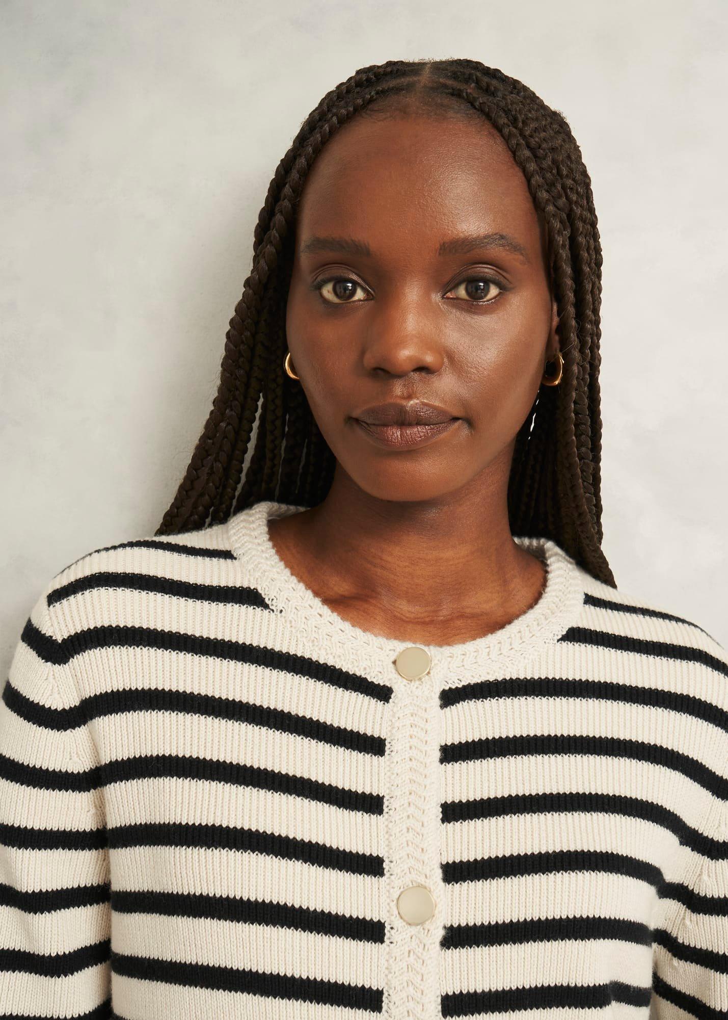 Oatmeal Simona Wool Blend Striped Knitted Jacket, Oatmeal Black, hi-res