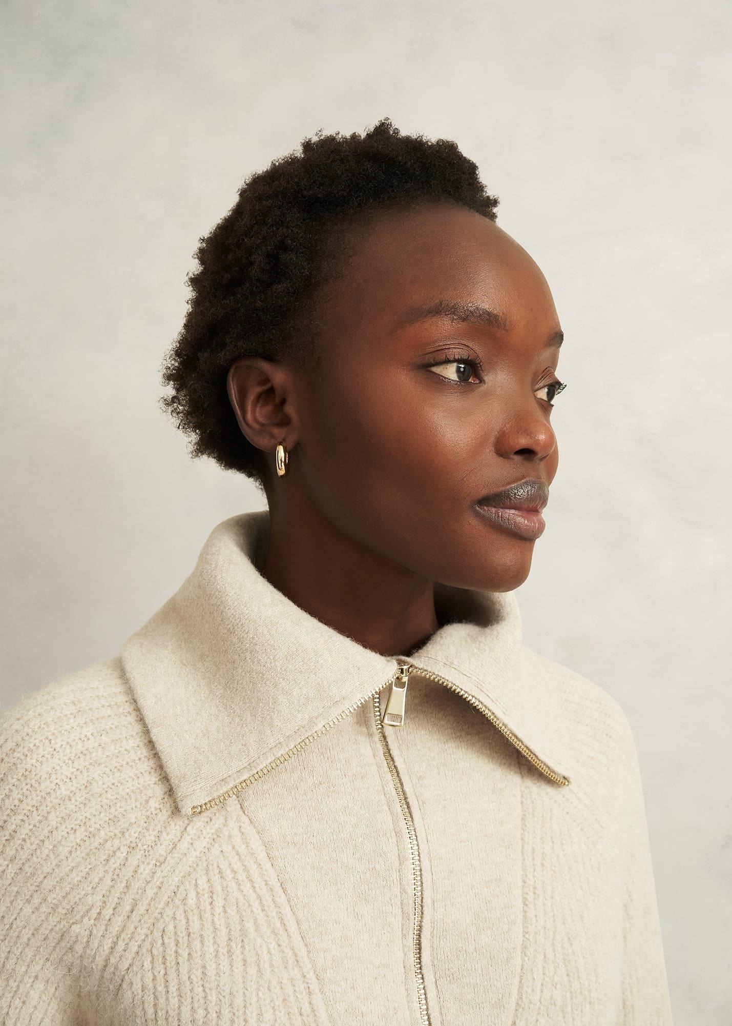 Sandy Zip Roll Neck Knitted Jumper, Oatmeal Marl, hi-res