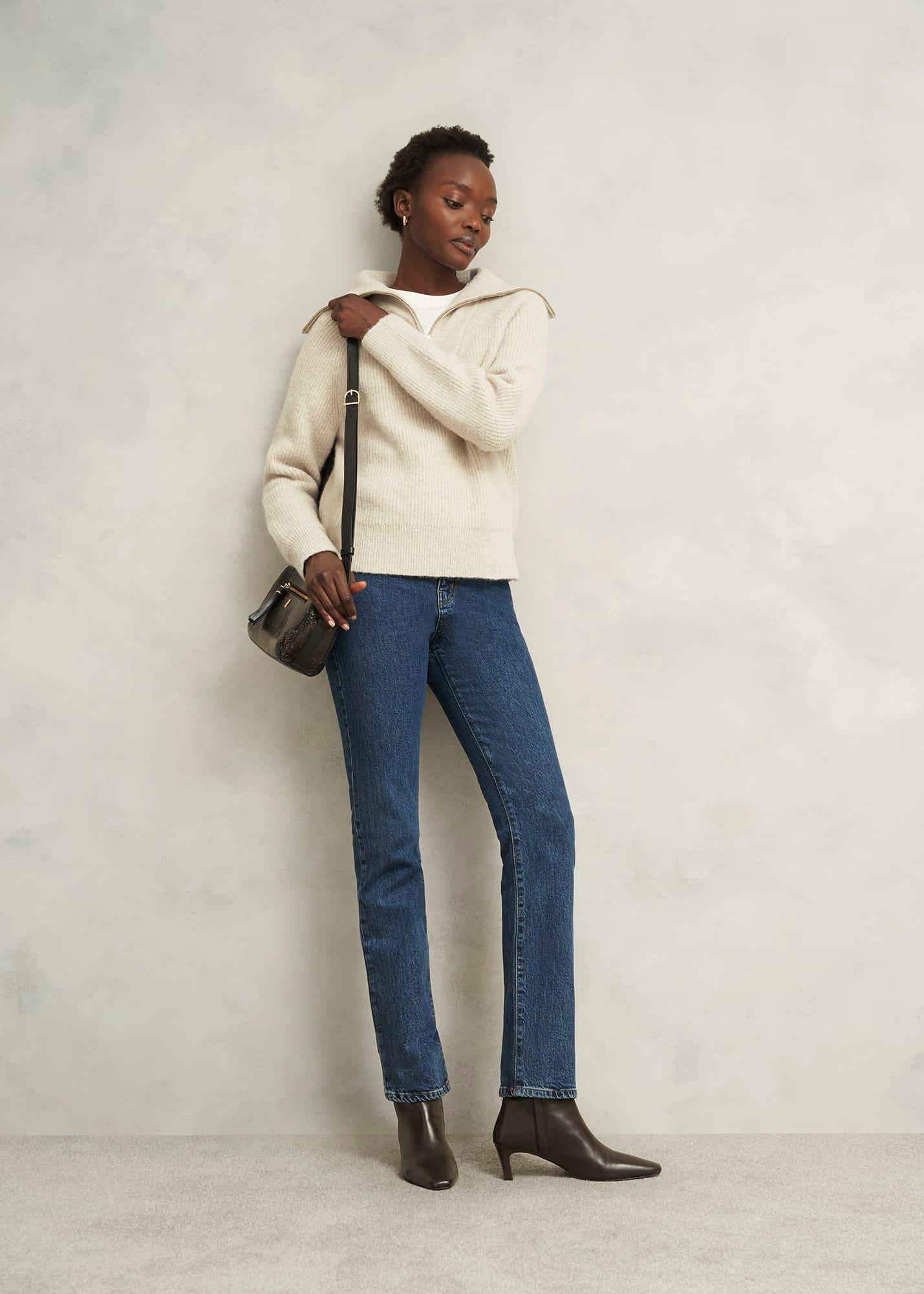 Sandy Zip Roll Neck Knitted Jumper, Oatmeal Marl, hi-res