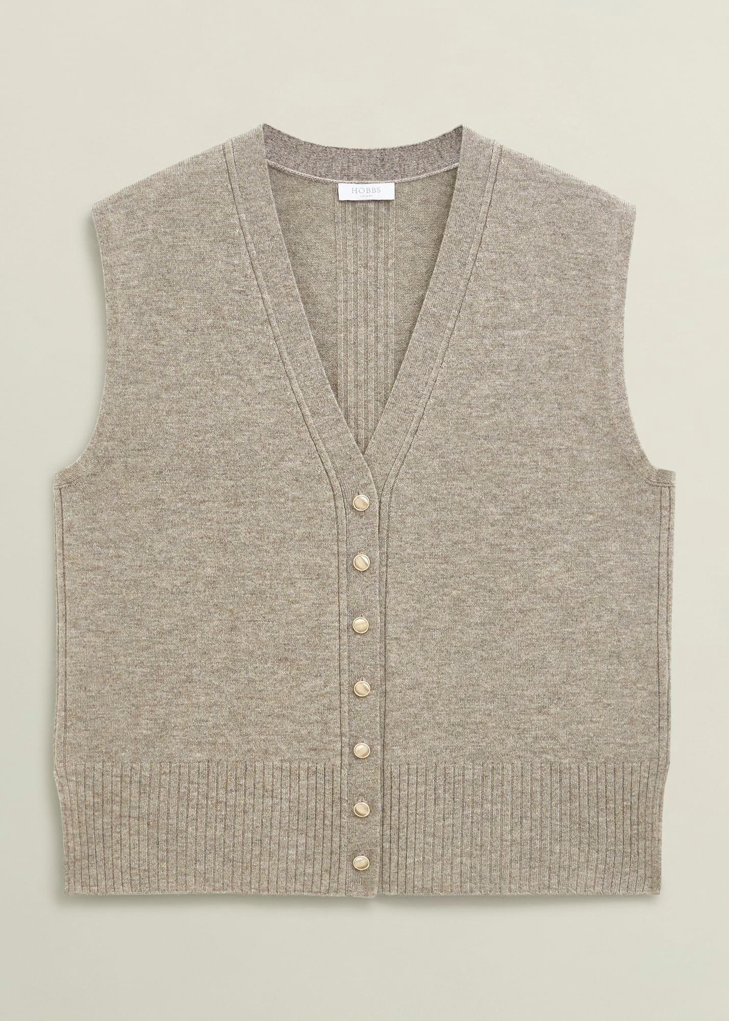 Beige Maya Wool Cashmere V Neck Button Knitted Vest