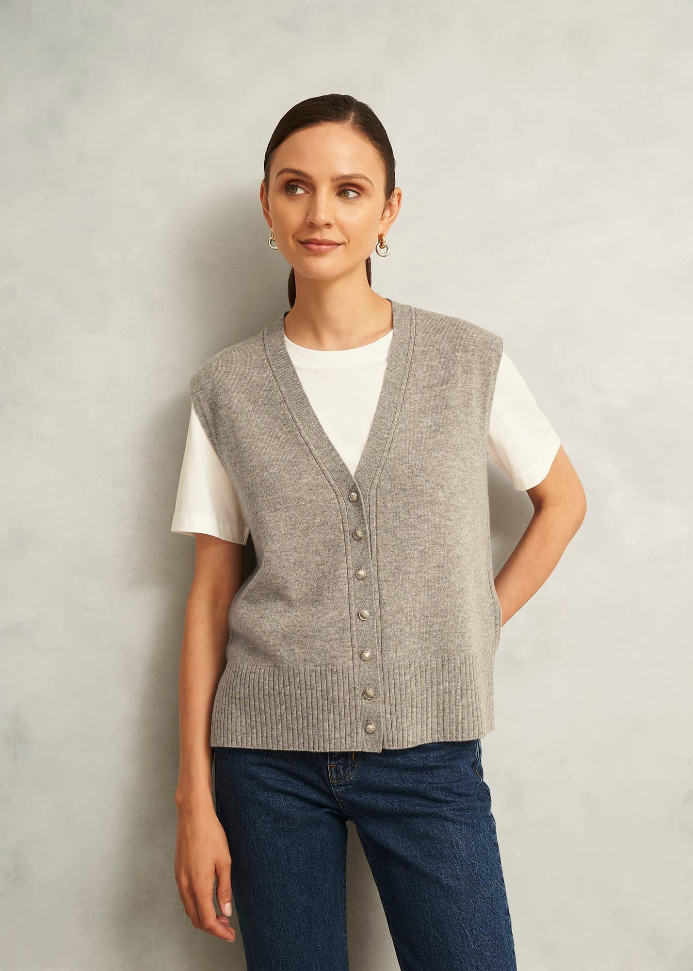 Beige Maya Wool Cashmere V Neck Button Knitted Vest