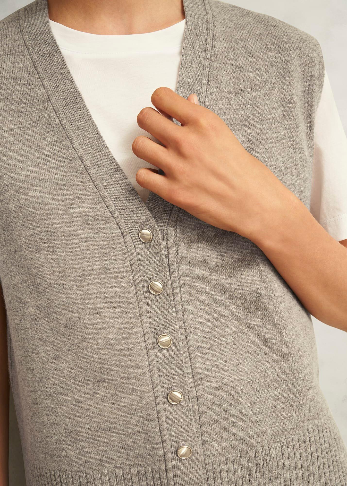 Beige Maya Wool Cashmere V Neck Button Knitted Vest, Fawn Marl, hi-res