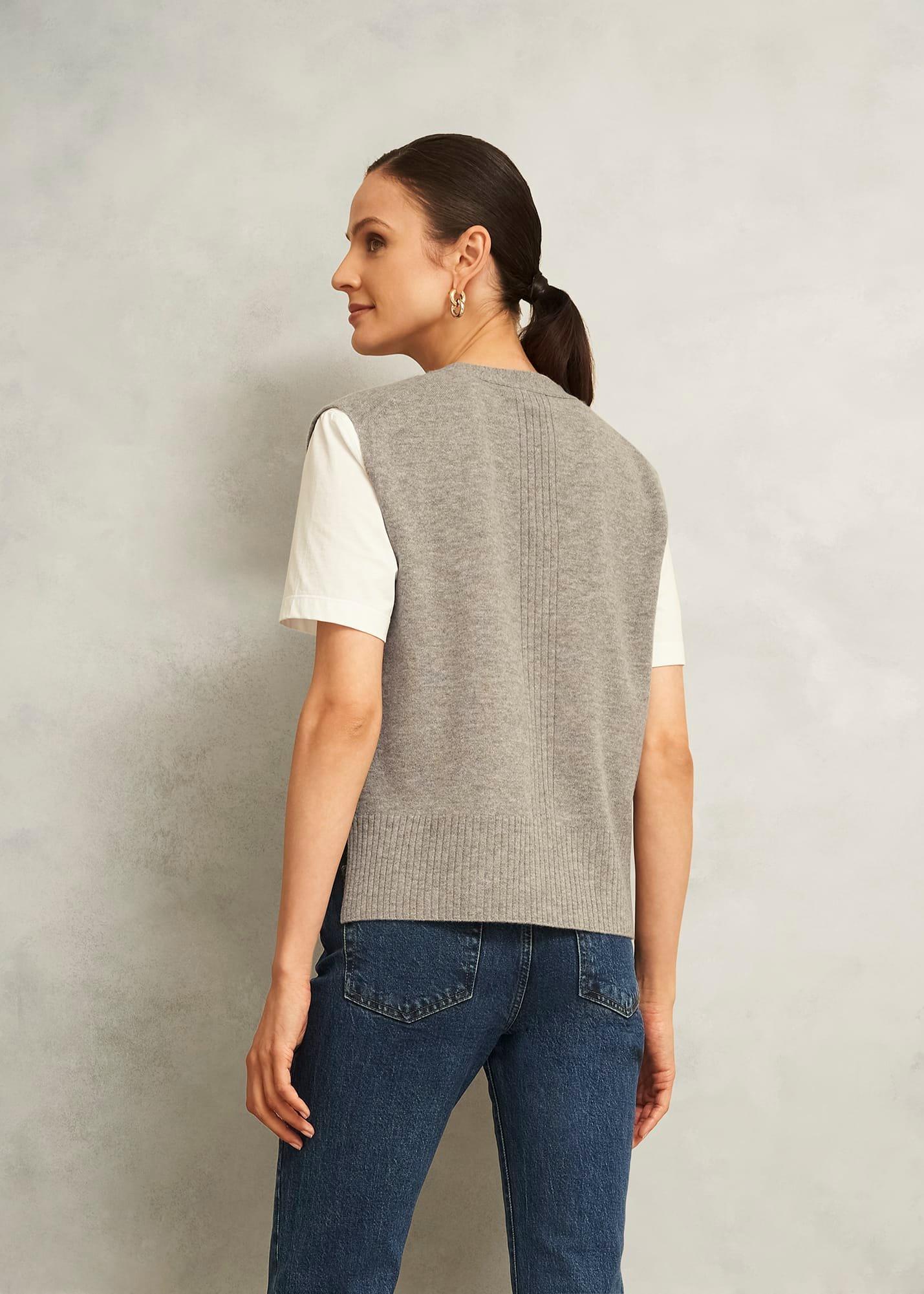 Beige Maya Wool Cashmere V Neck Button Knitted Vest, Fawn Marl, hi-res