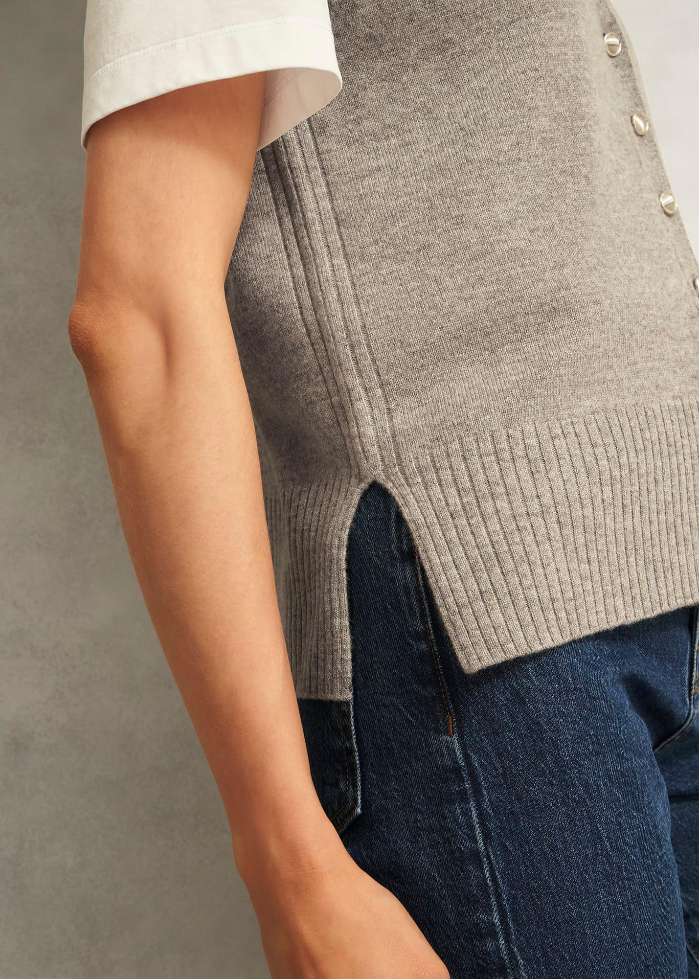 Beige Maya Wool Cashmere V Neck Button Knitted Vest, Fawn Marl, hi-res