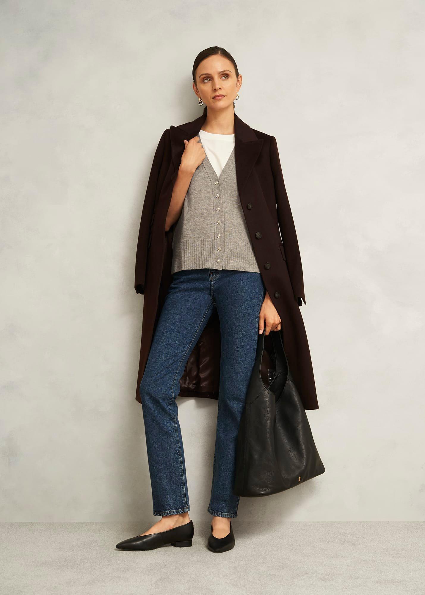 Beige Maya Wool Cashmere V Neck Button Knitted Vest, Fawn Marl, hi-res