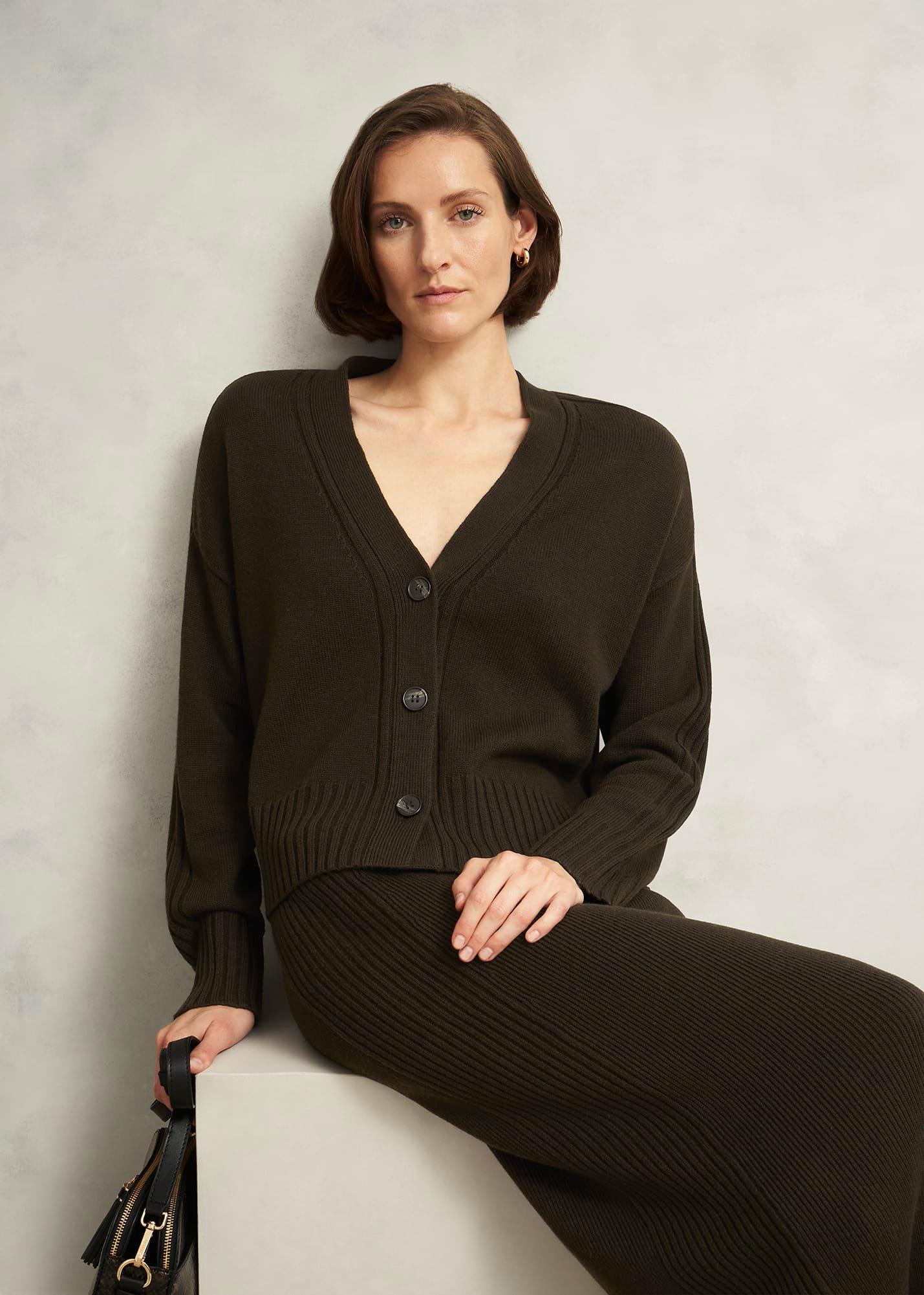 Olive Wentworth Wool Blend V Neck Button Cardigan, Dark Olive, hi-res