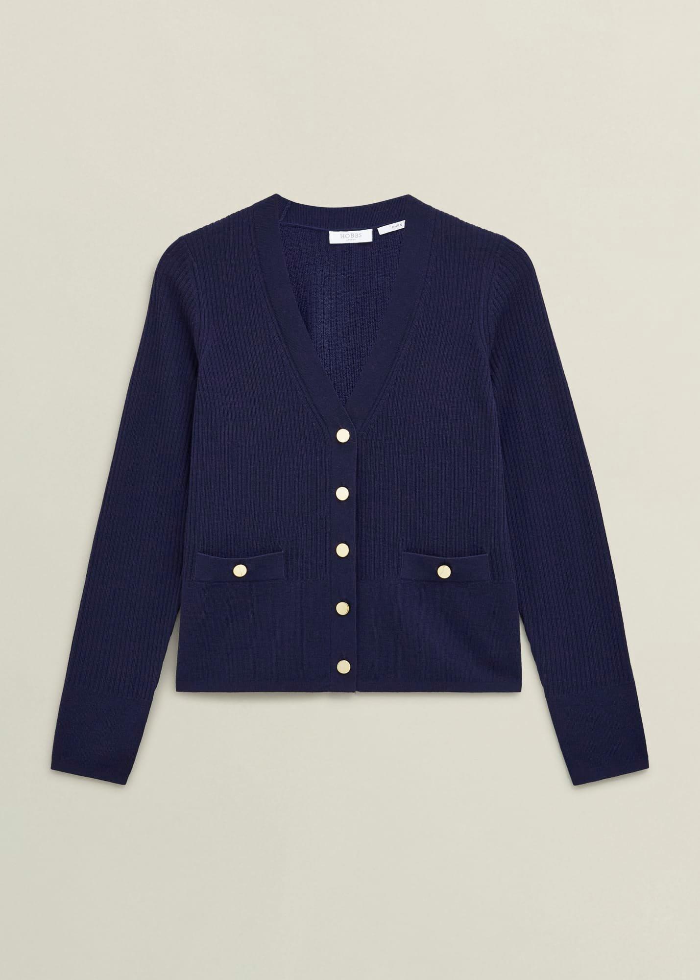 Navy Yasmin Merino Wool V Neck Cardigan