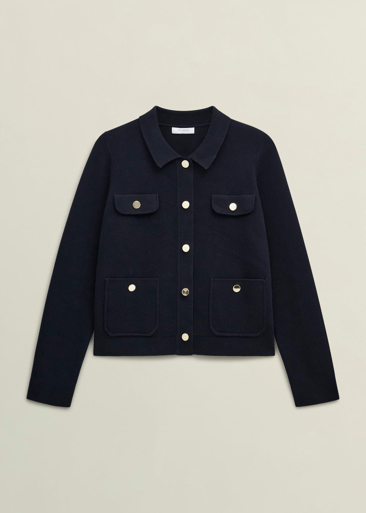 Navy Christa Cotton Pocket Detail Collared Knitted Jacket