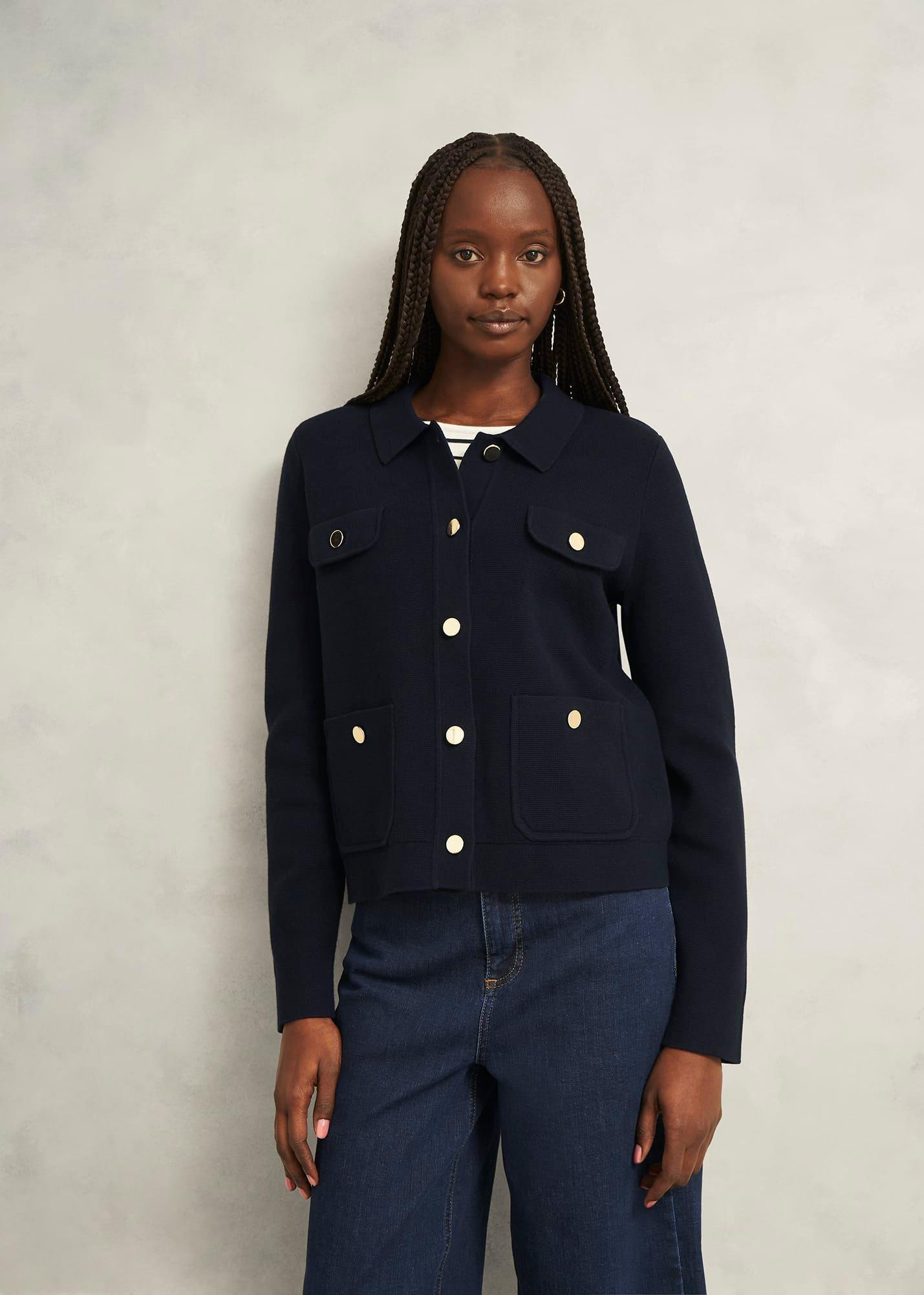 Navy Christa Cotton Pocket Detail Collared Knitted Jacket