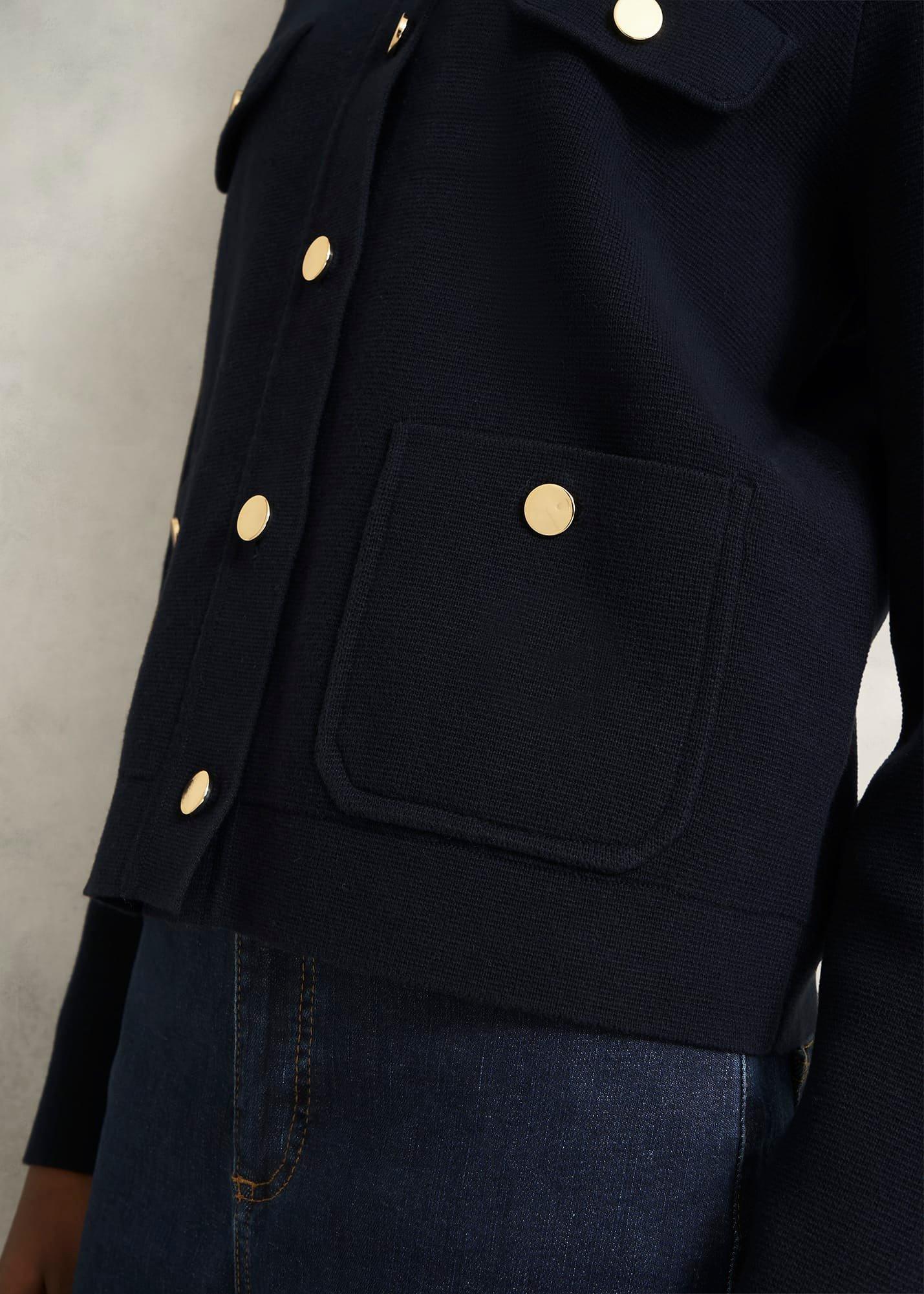 Navy Christa Cotton Pocket Detail Collared Knitted Jacket, Hobbs Navy, hi-res