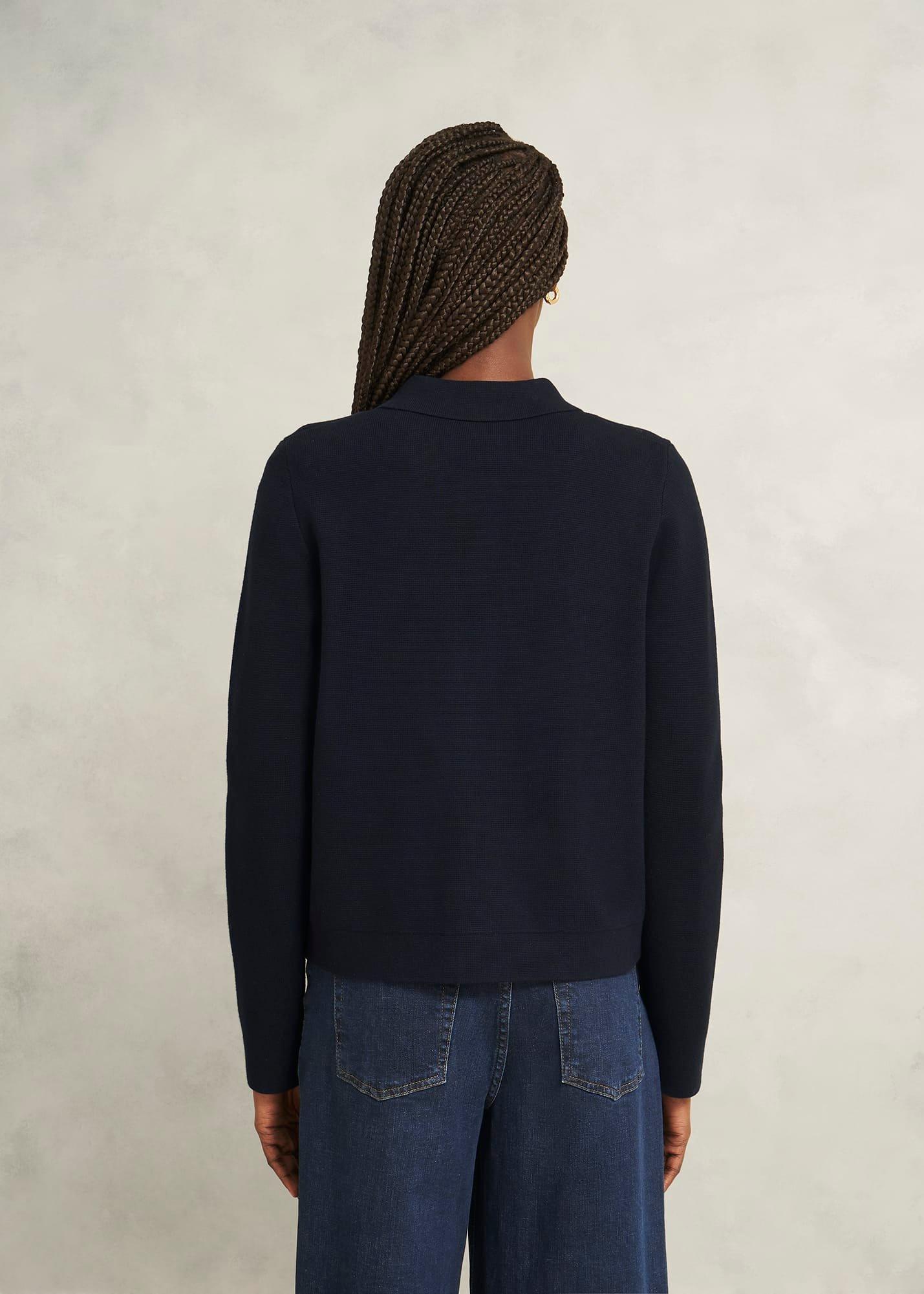 Navy Christa Cotton Pocket Detail Collared Knitted Jacket, Hobbs Navy, hi-res