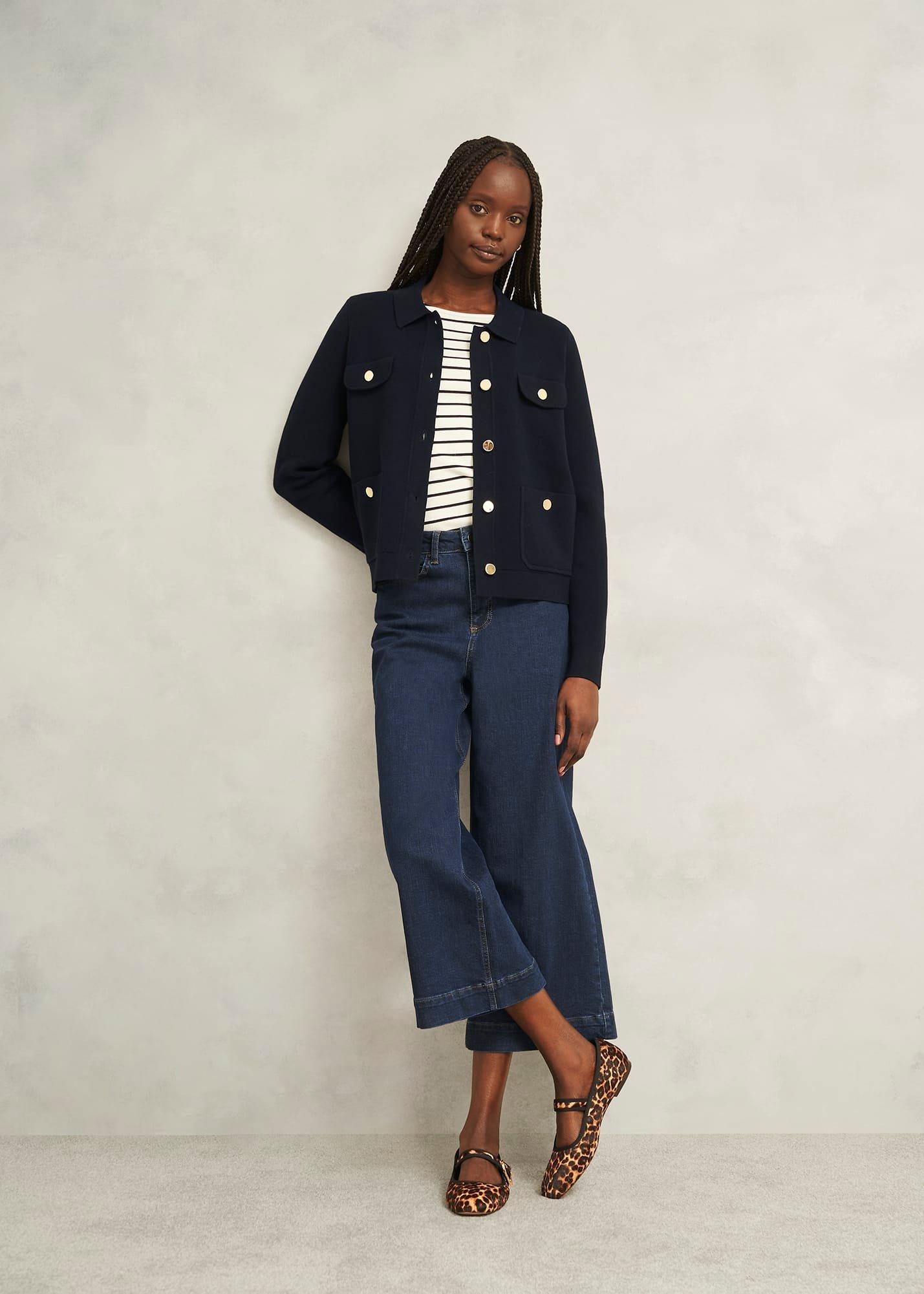 Navy Christa Cotton Pocket Detail Collared Knitted Jacket, Hobbs Navy, hi-res