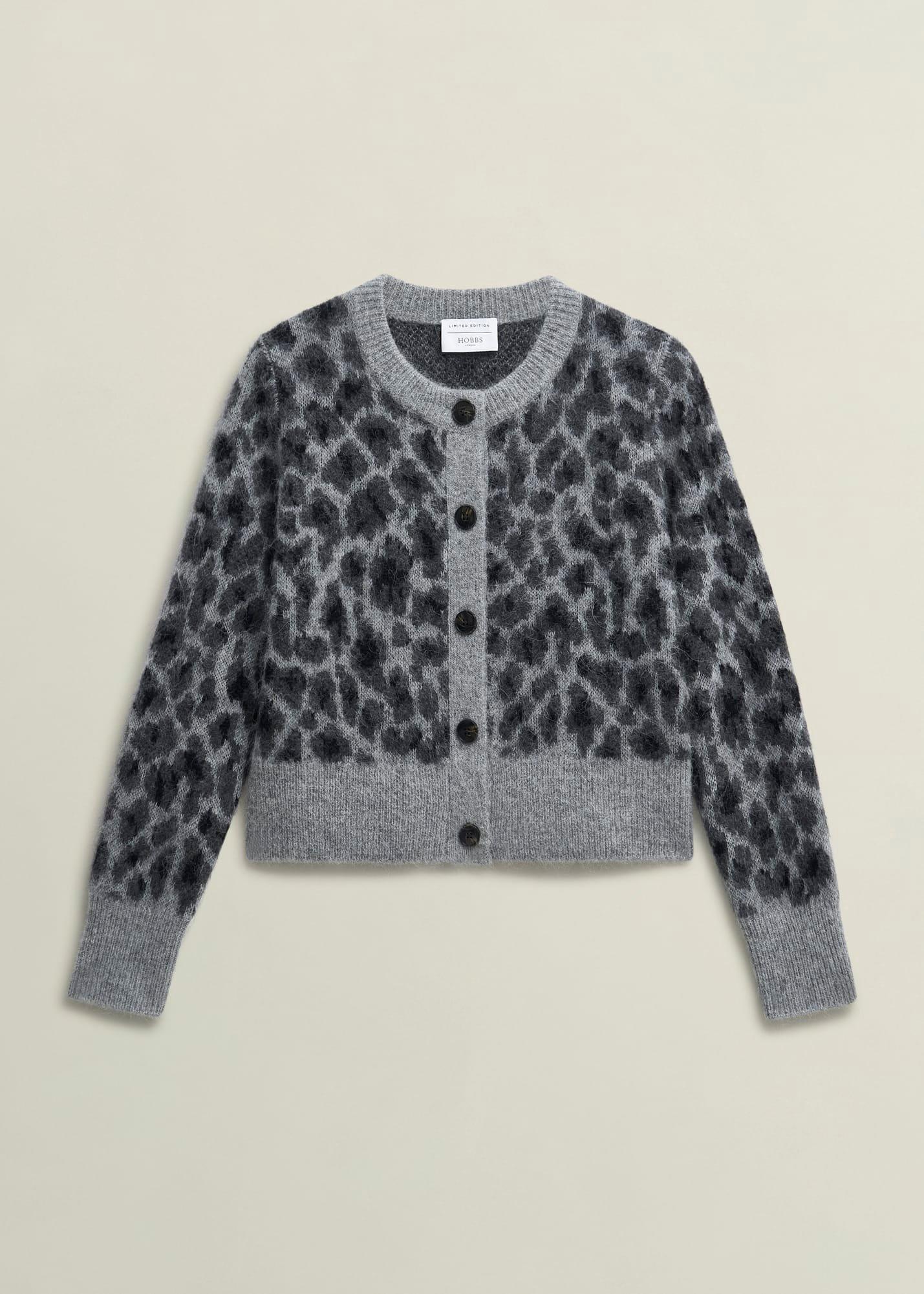 Grey Raleigh Leopard Print Crew Neck Knitted Cardigan