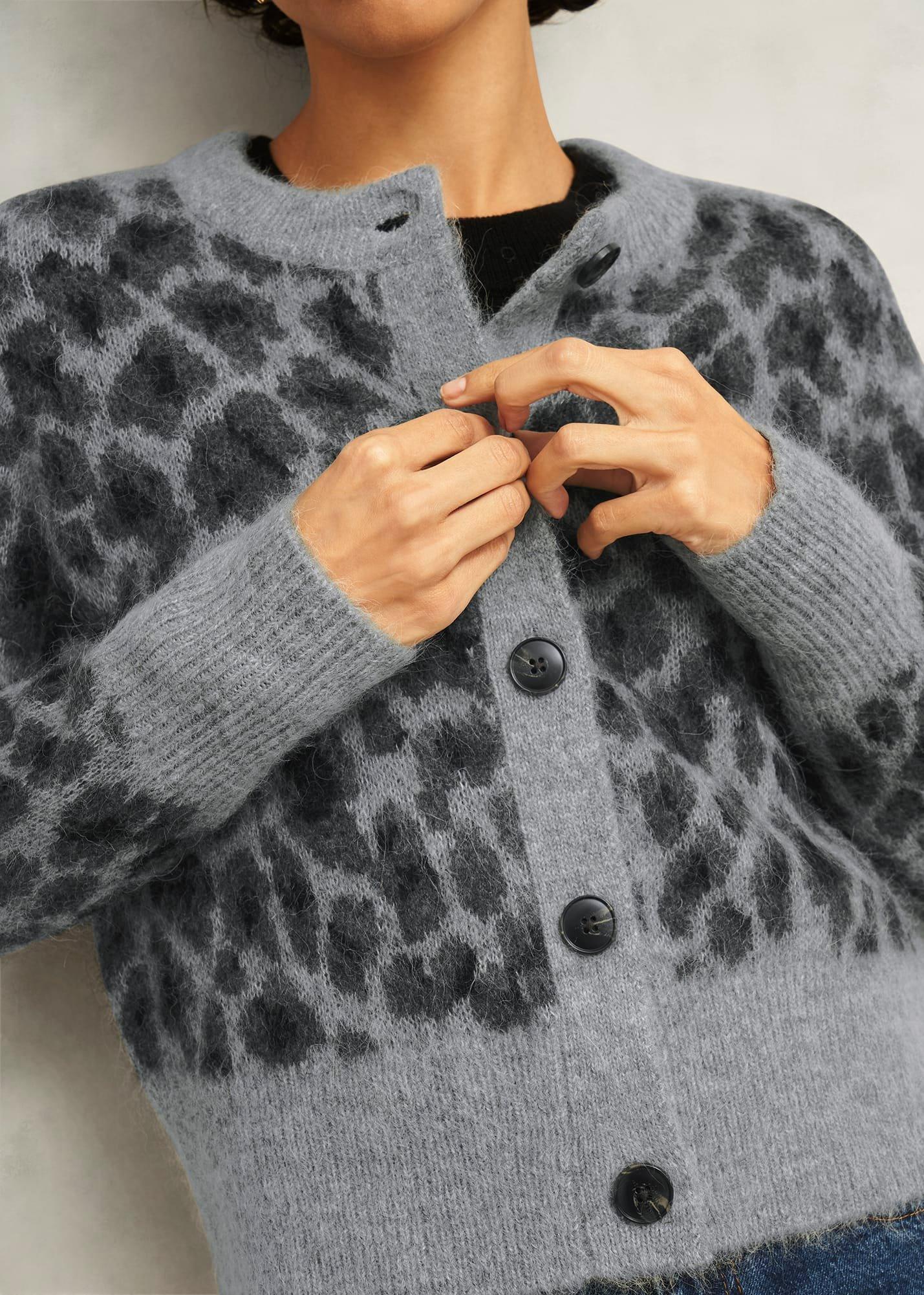 Grey Raleigh Leopard Print Crew Neck Knitted Cardigan, Grey Marl, hi-res