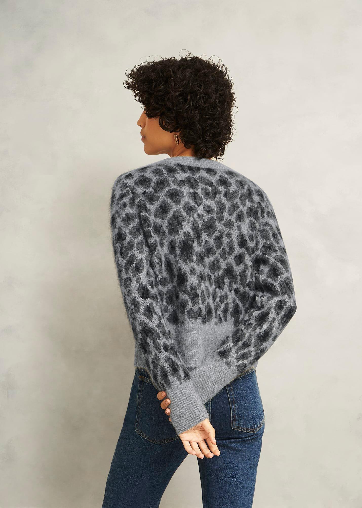 Grey Raleigh Leopard Print Crew Neck Knitted Cardigan, Grey Marl, hi-res