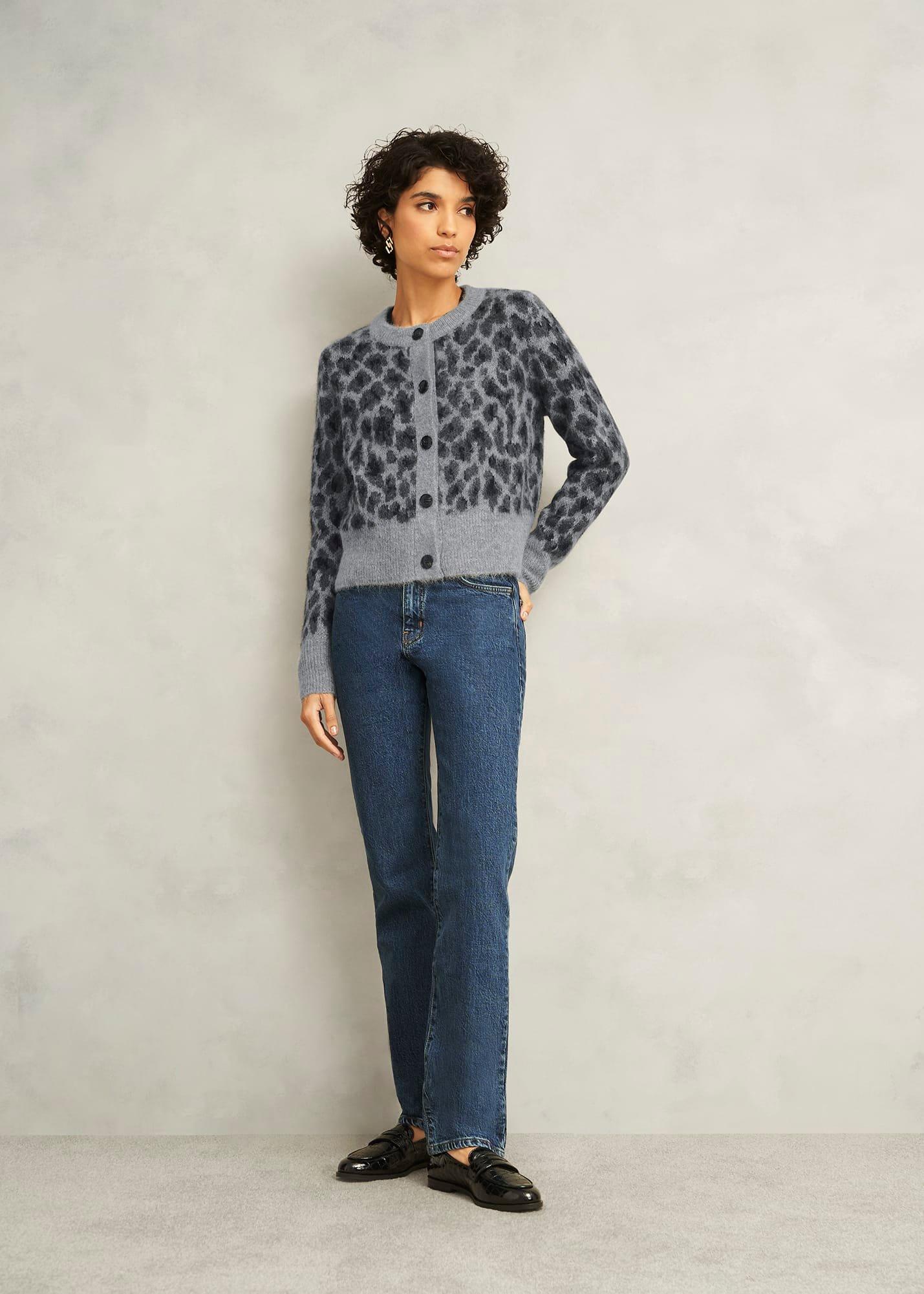 Grey Raleigh Leopard Print Crew Neck Knitted Cardigan, Grey Marl, hi-res