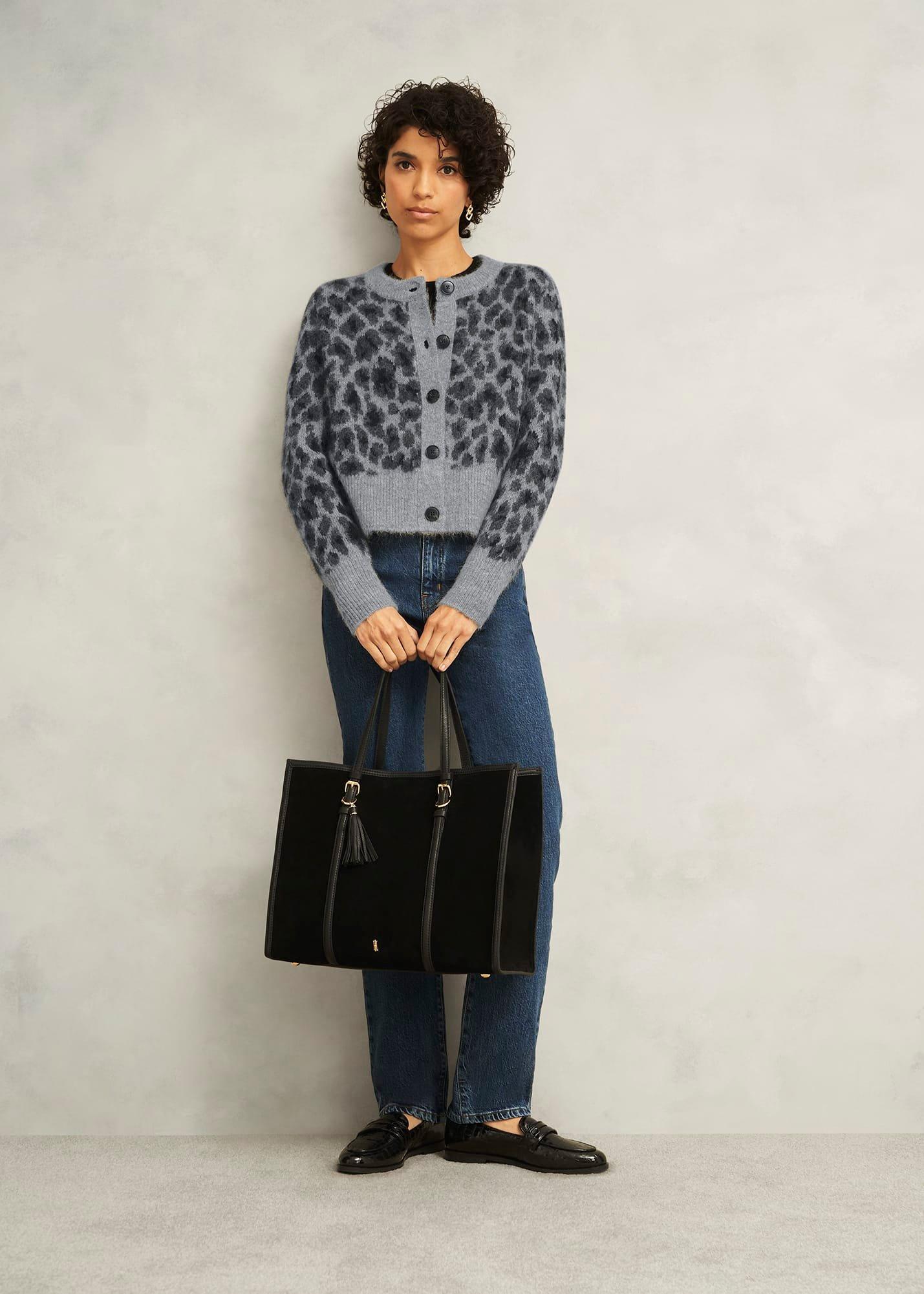 Grey Raleigh Leopard Print Crew Neck Knitted Cardigan, Grey Marl, hi-res