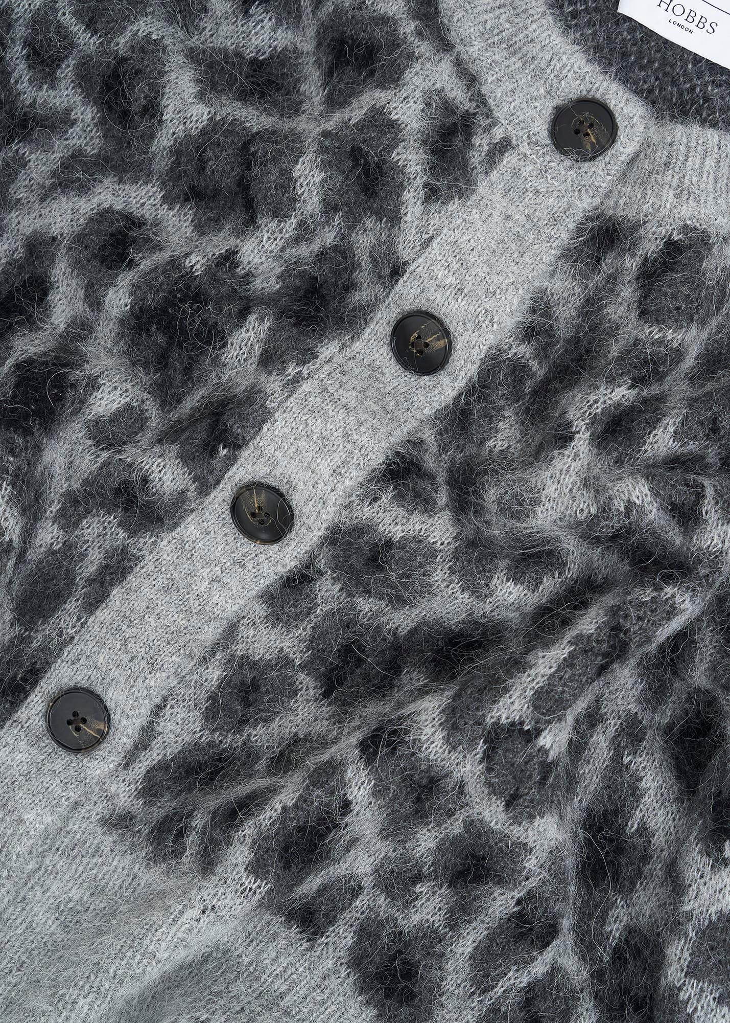 Grey Raleigh Leopard Print Crew Neck Knitted Cardigan, Grey Marl, hi-res