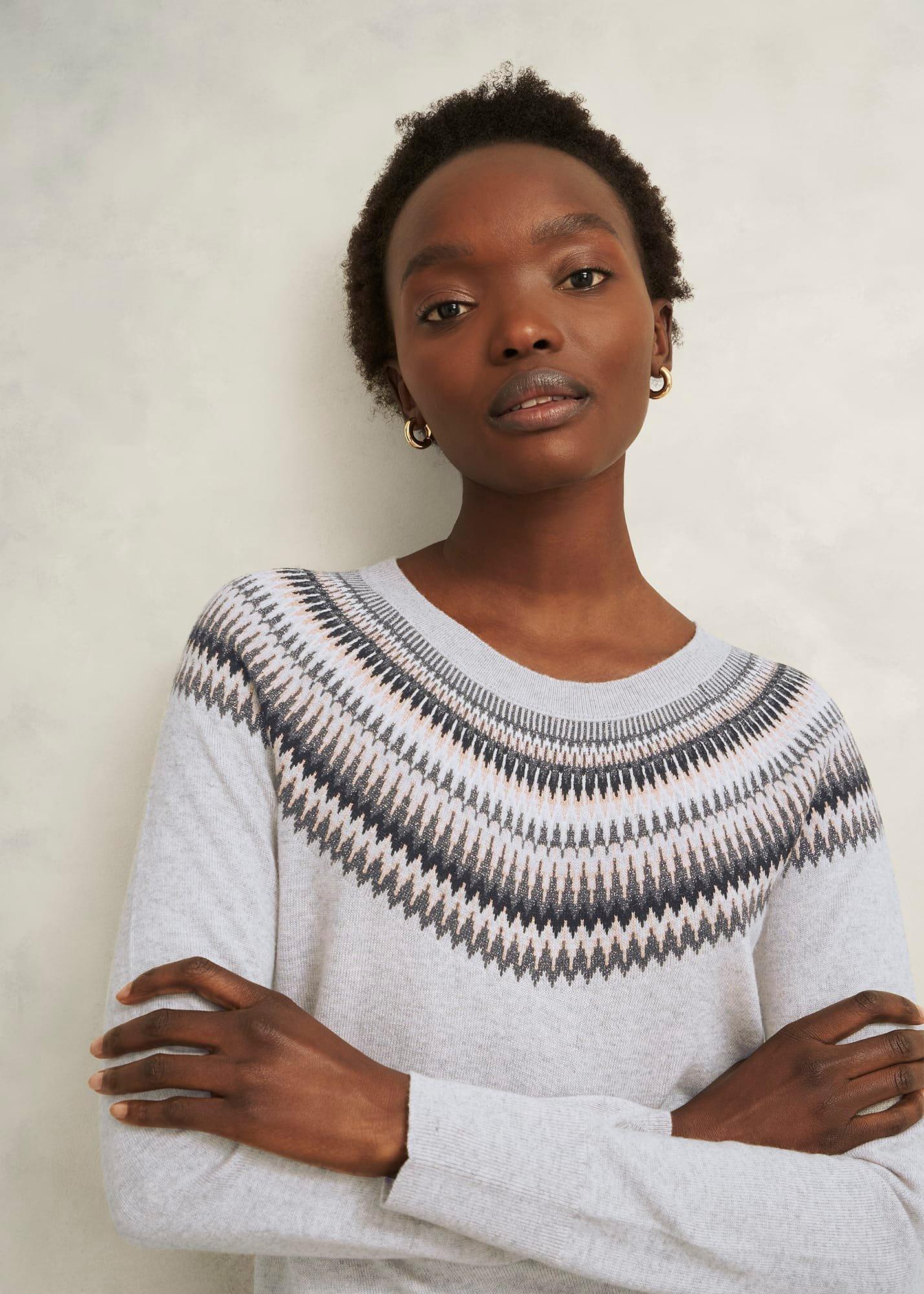 Sparkle Greta Fairisle Wool Blend Knitted Jumper, Pale Grey Marl, hi-res
