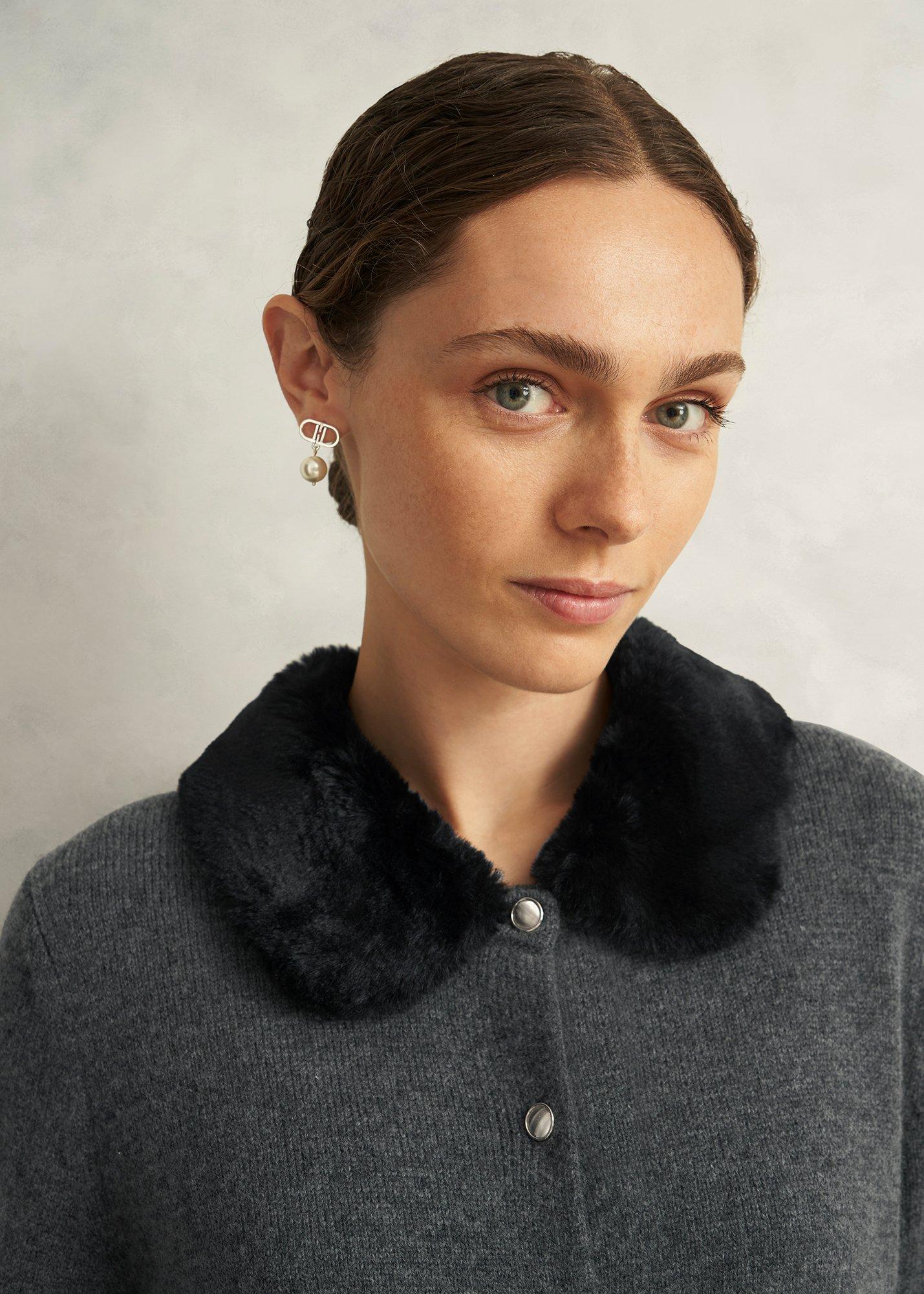 Lulah Wool Blend Fur Collar Knitted Cardigan, Charcoal Grey, hi-res