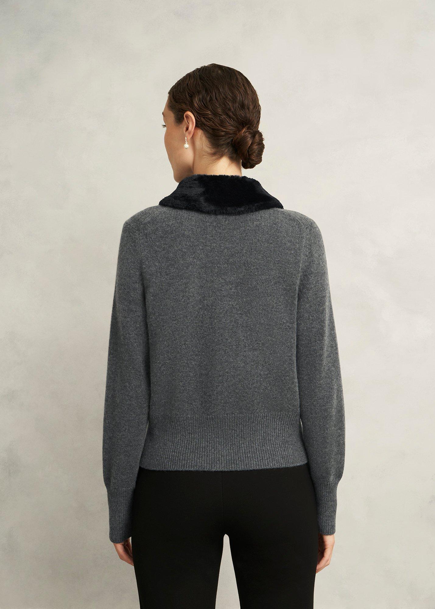 Lulah Wool Blend Fur Collar Knitted Cardigan, Charcoal Grey, hi-res