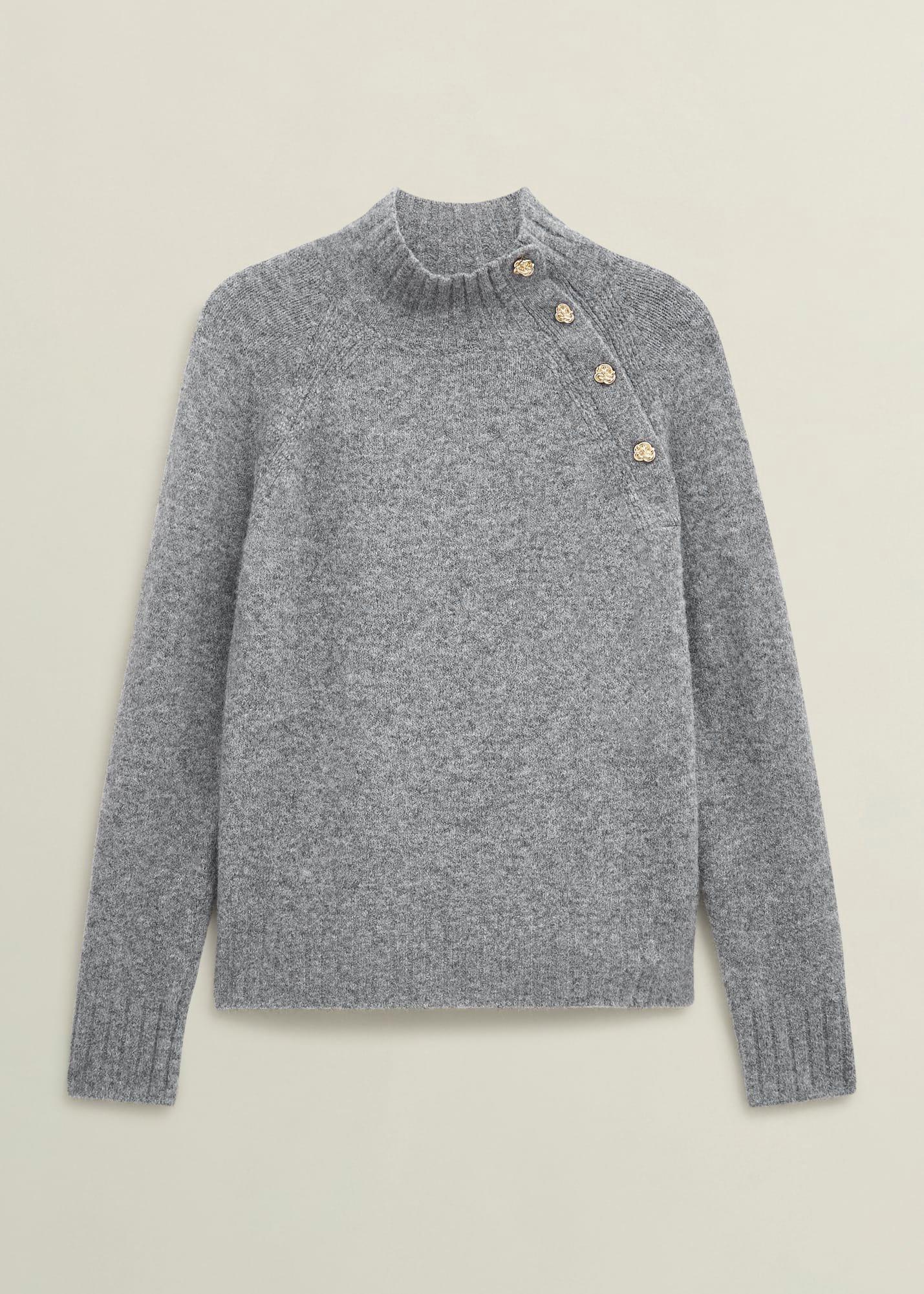 Lisbeth Roll Neck Button Detail Knitted Jumper, Mid Grey Marl, hi-res