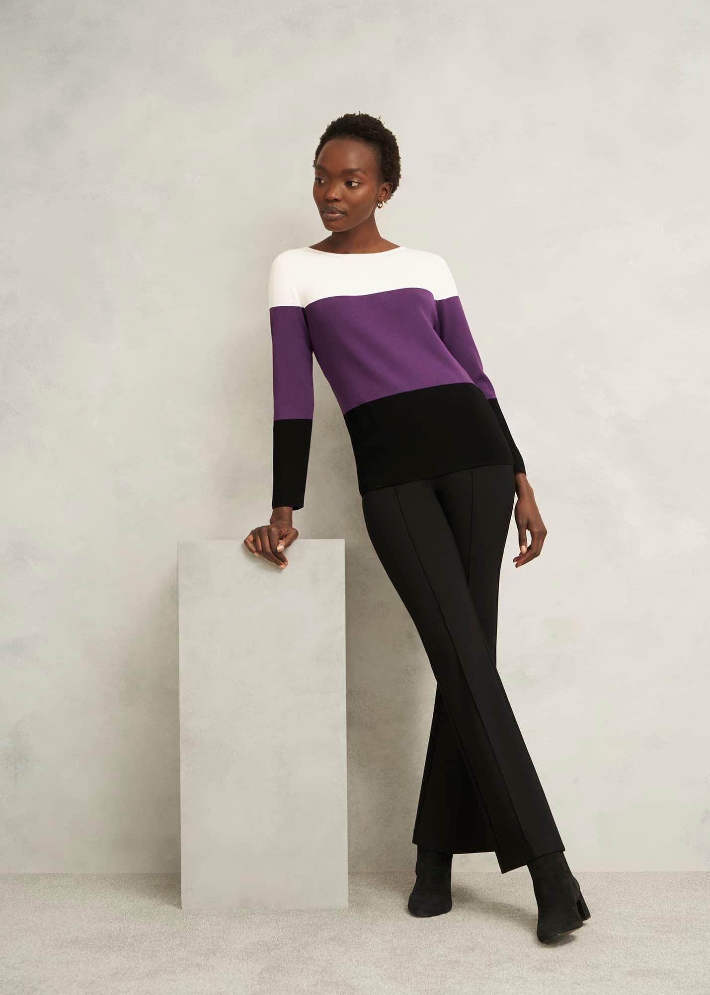 Alice Colour Block Crew Neck Knitted Jumper, Fig Purple, hi-res