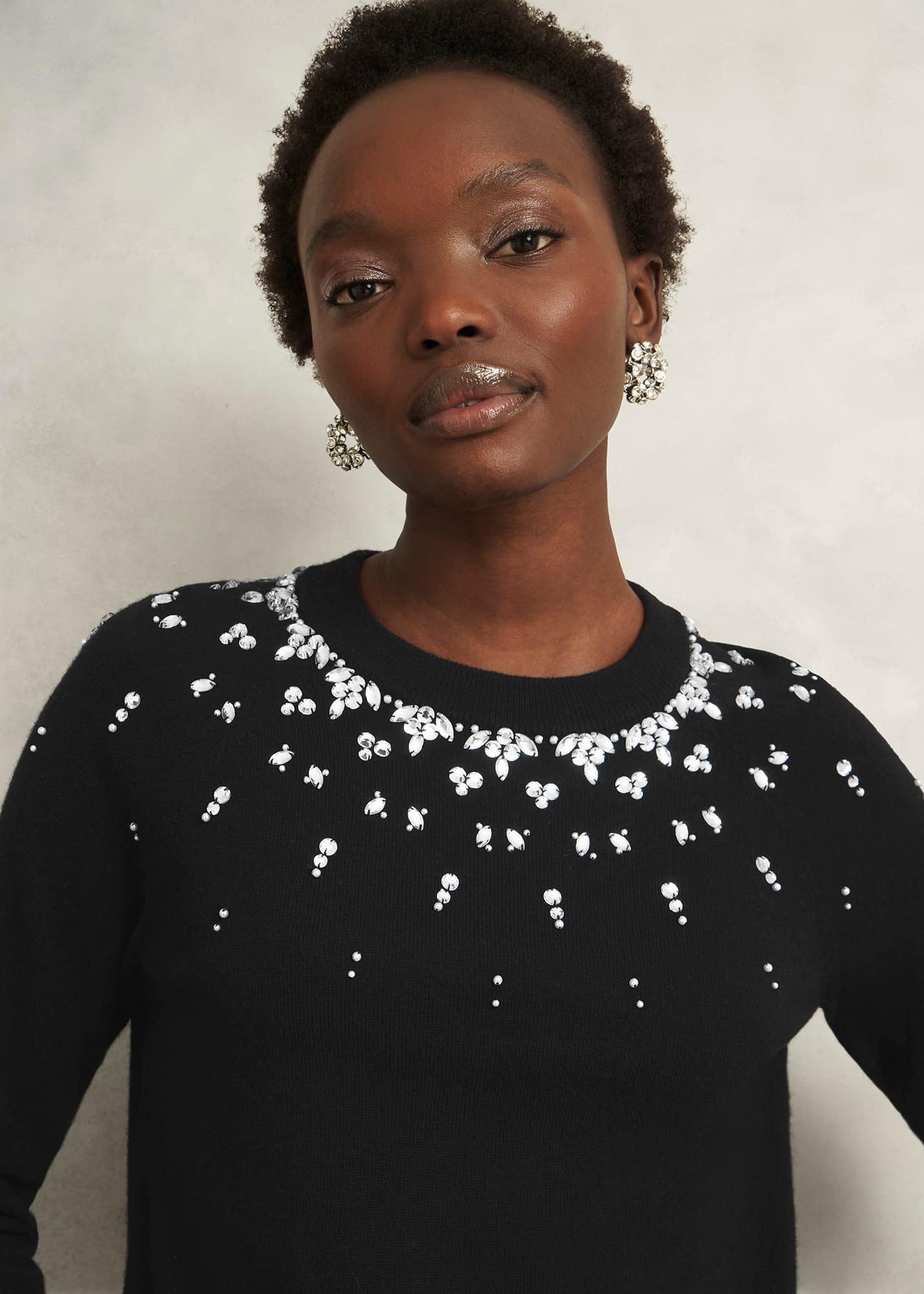 Black Theodora Wool Blend Gem Fairisle Knitted Jumper , Black, hi-res