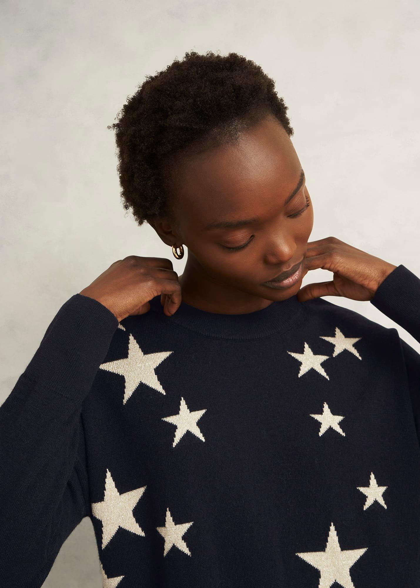 Arnelle Wool Blend Star Print Knitted Jumper, Navy Silver, hi-res