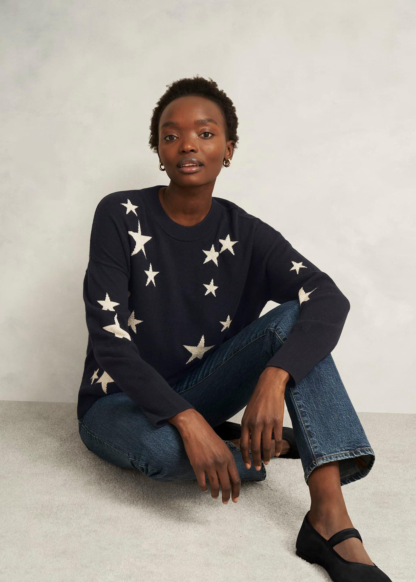 Arnelle Wool Blend Star Print Knitted Jumper, Navy Silver, hi-res