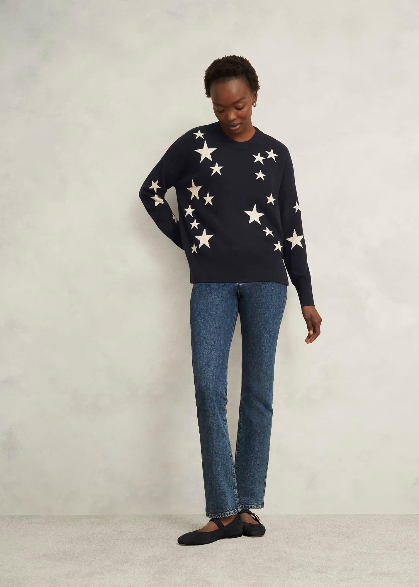 Arnelle Wool Blend Star Print Knitted Jumper, Navy Silver, hi-res