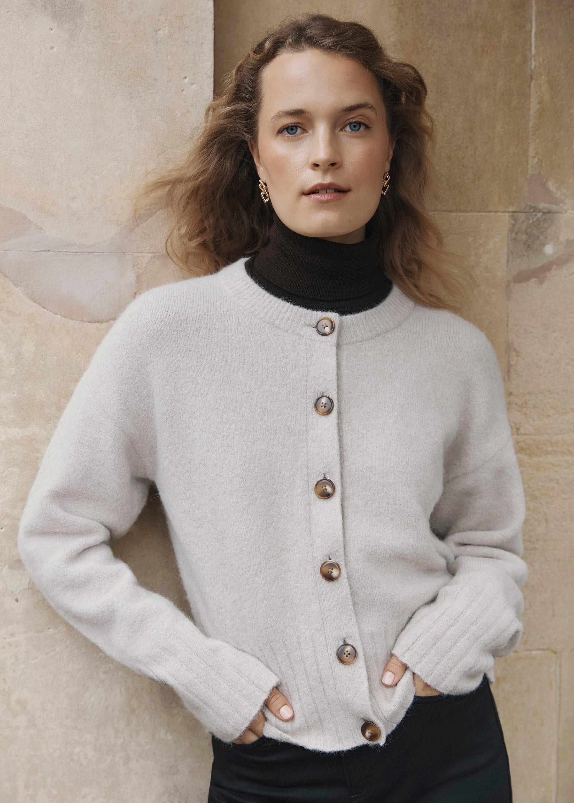 Oatmeal Freya Crew Neck Button Knitted Cardigan