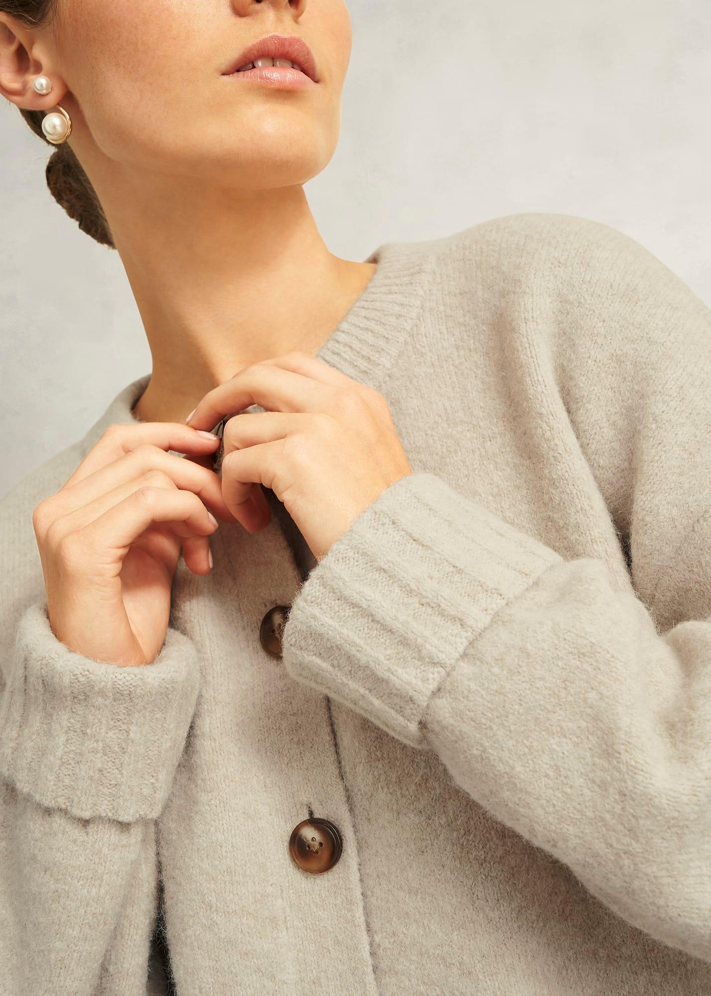Oatmeal Freya Crew Neck Button Knitted Cardigan, Oatmeal Marl, hi-res