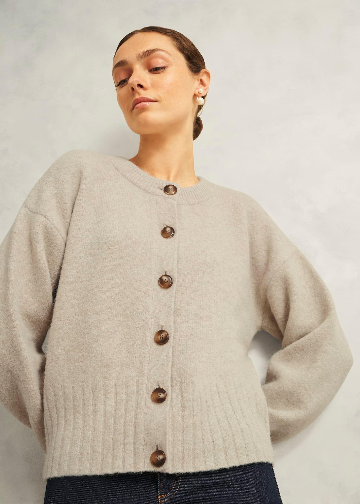 Oatmeal Freya Crew Neck Button Knitted Cardigan, Oatmeal Marl, hi-res