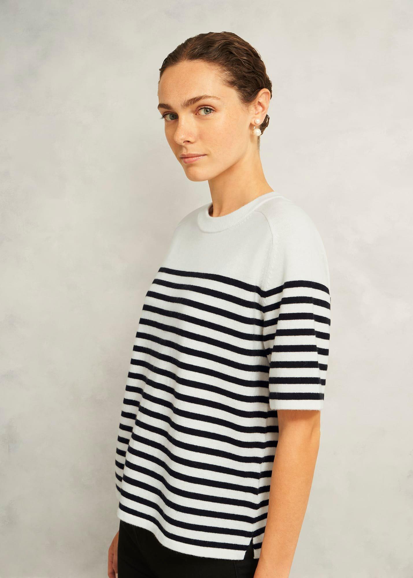 Ivory Demi Wool Blend Short Sleeve Knitted T-Shirt, Ivory Navy, hi-res