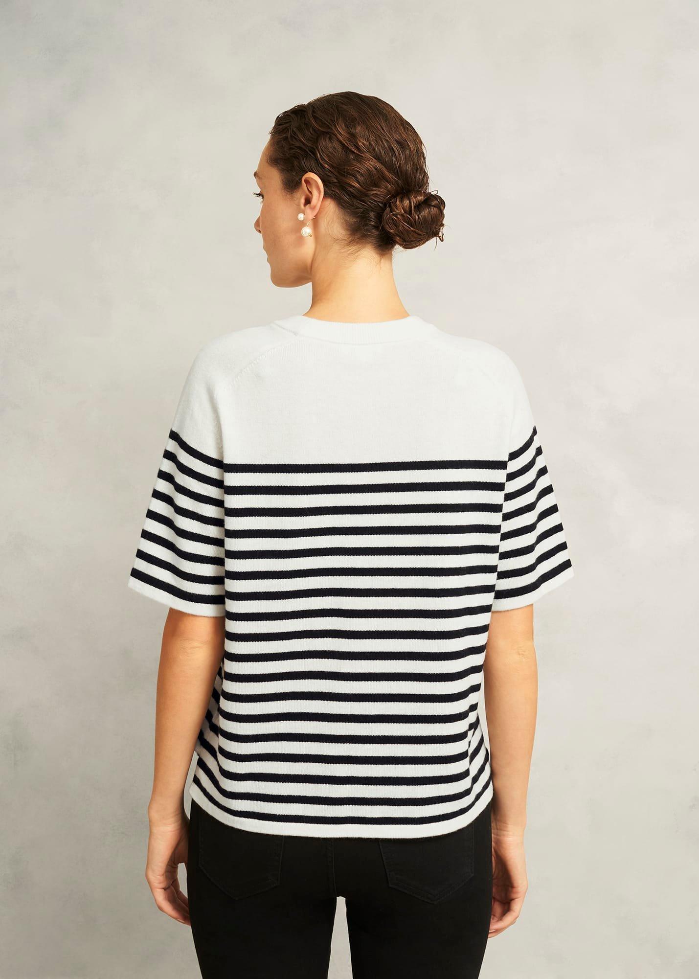 Ivory Demi Wool Blend Short Sleeve Knitted T-Shirt, Ivory Navy, hi-res