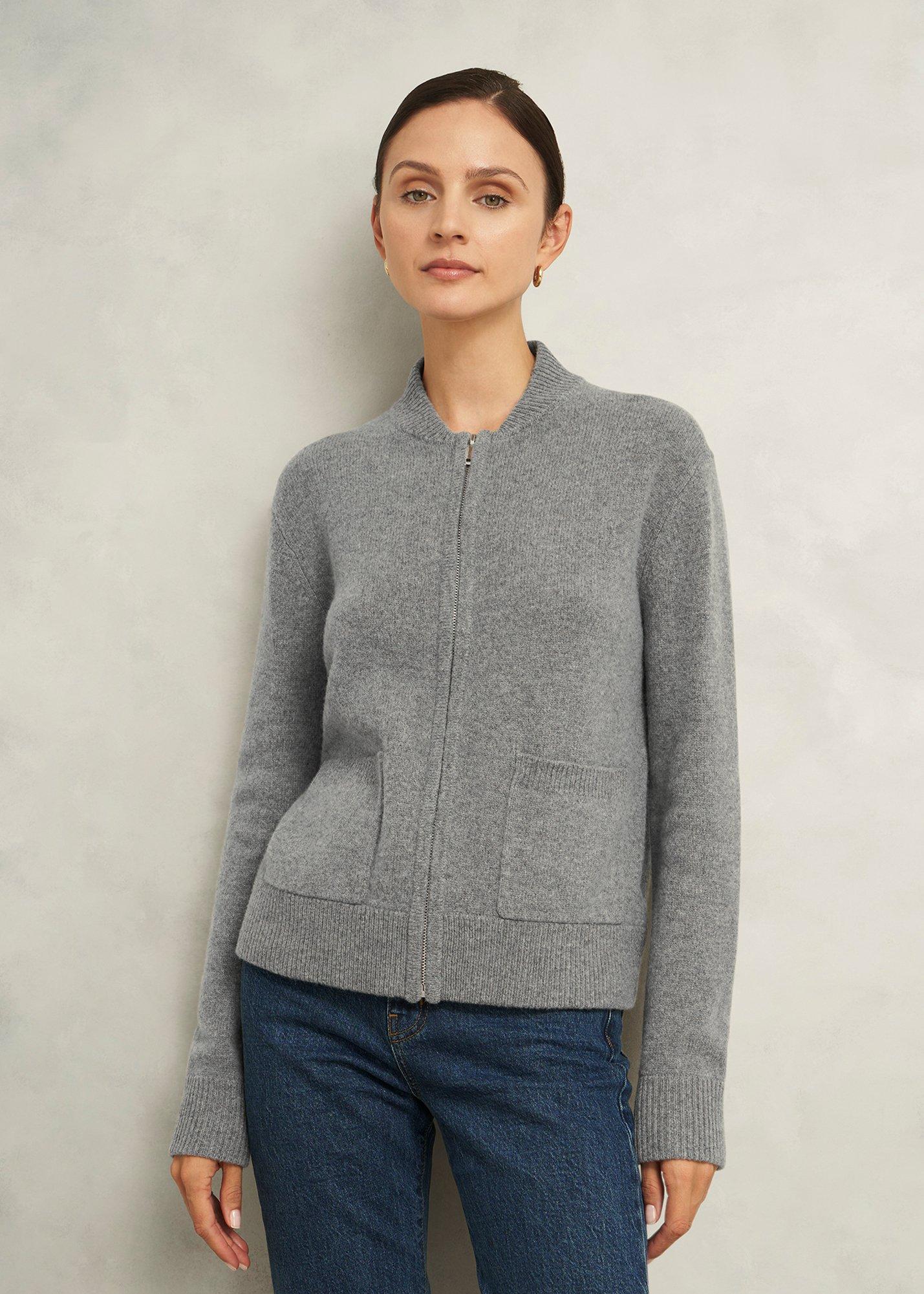 Grey Bonnie Wool Blend Knitted Bomber Jacket, Mid Grey Marl, hi-res