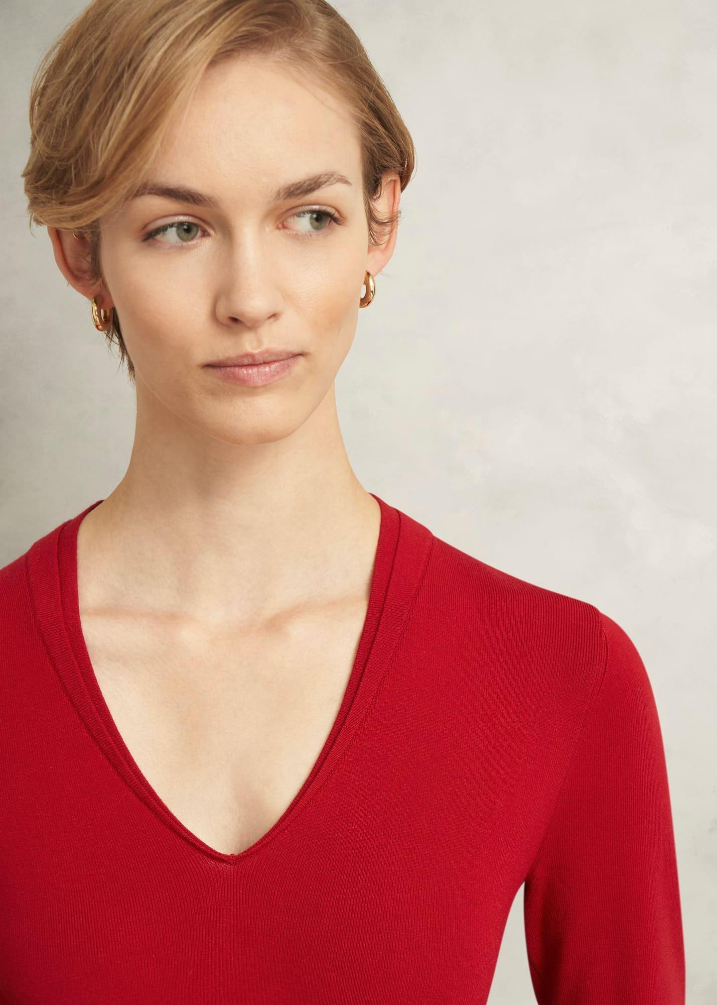 Red Scarlett V Neck Knitted Dress, Pomegranate Red, hi-res