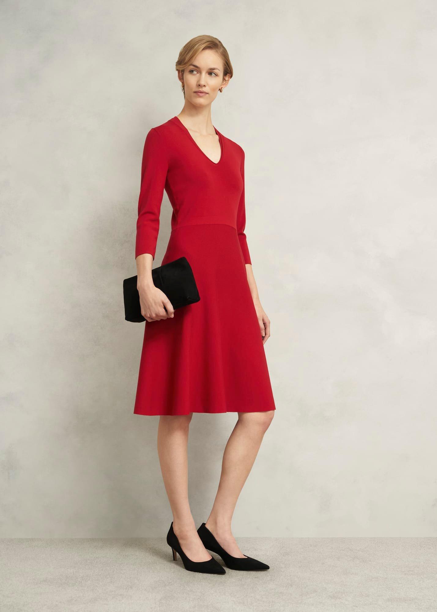 Red Scarlett V Neck Knitted Dress, Pomegranate Red, hi-res
