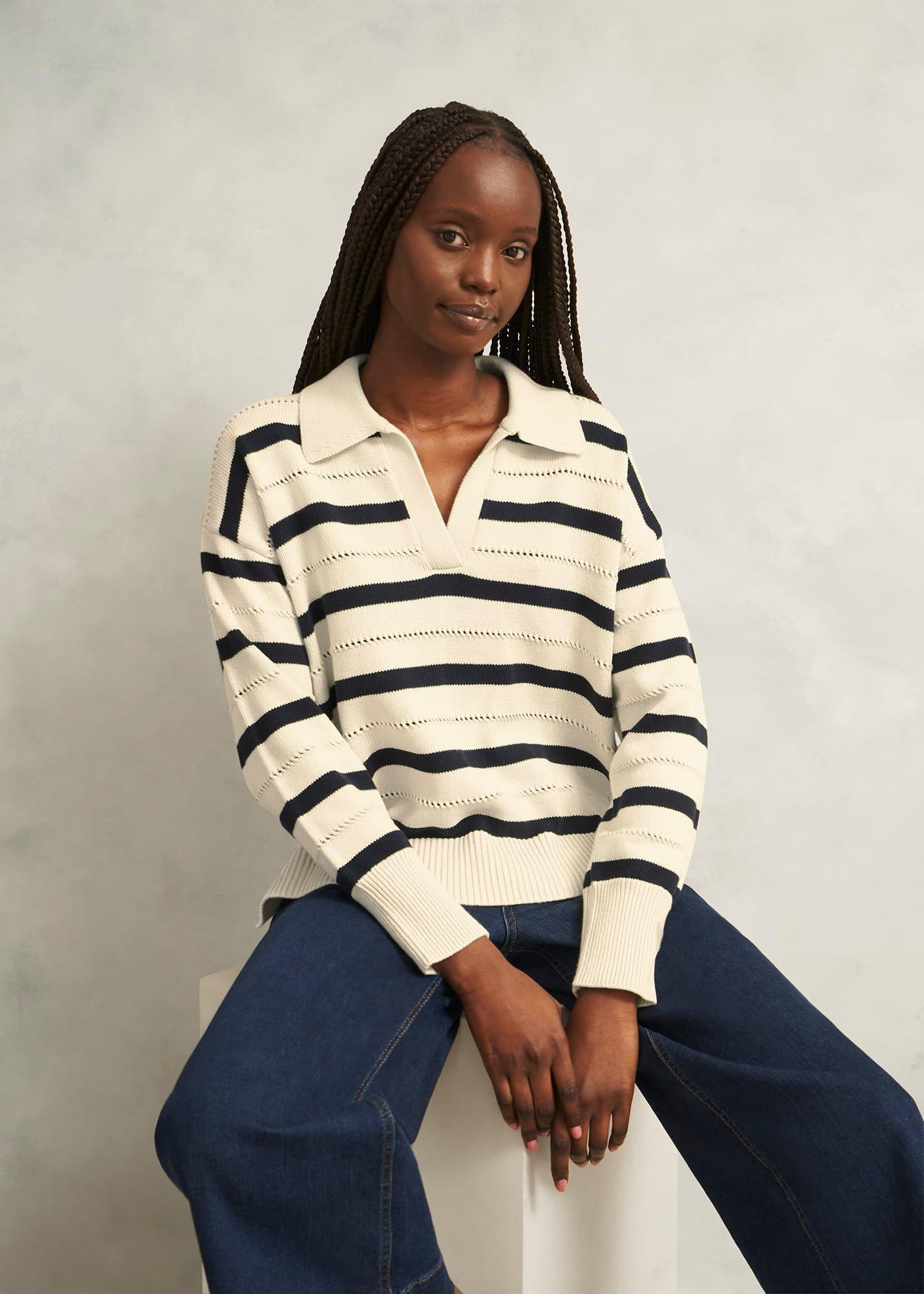 Ivory Beauford Cotton Stripe Polo Knitted Jumper