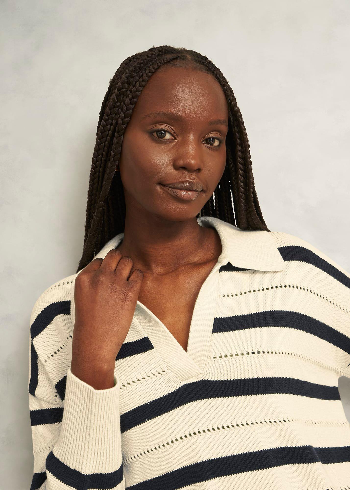 Ivory Beauford Cotton Stripe Polo Knitted Jumper, Cream Navy, hi-res