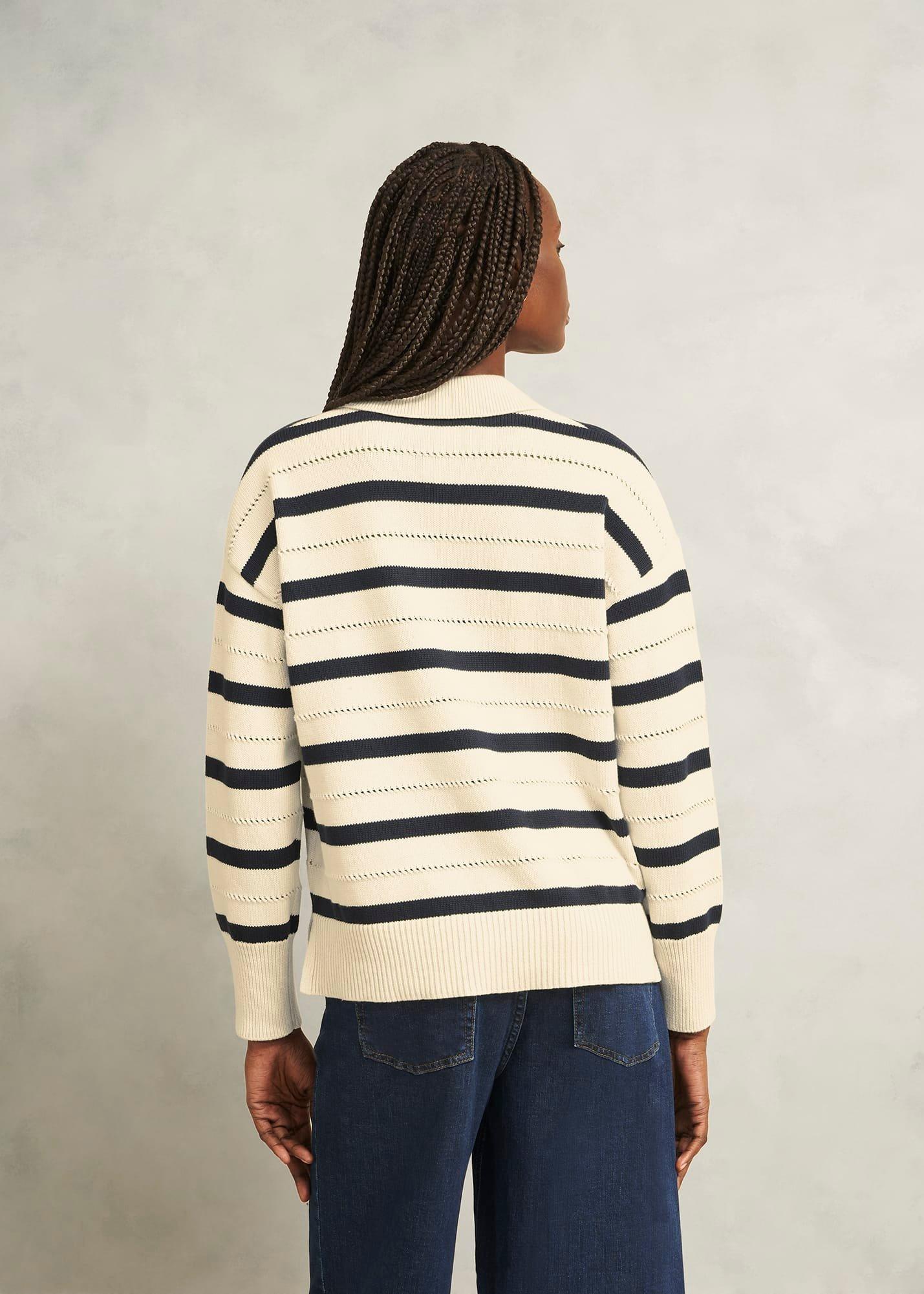 Ivory Beauford Cotton Stripe Polo Knitted Jumper, Cream Navy, hi-res