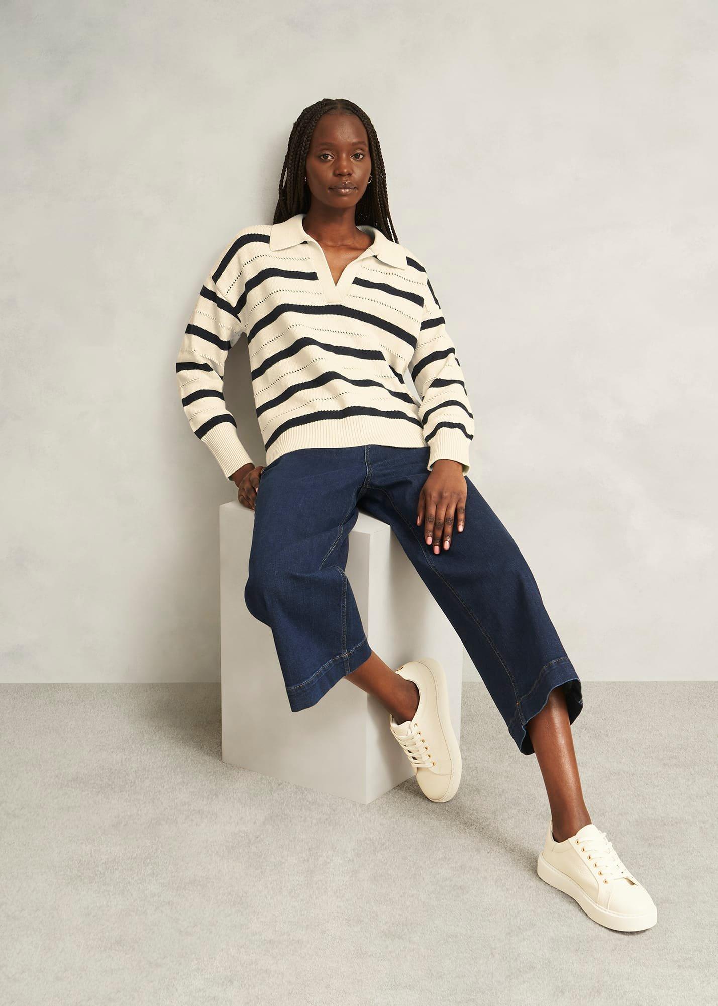 Ivory Beauford Cotton Stripe Polo Knitted Jumper, Cream Navy, hi-res