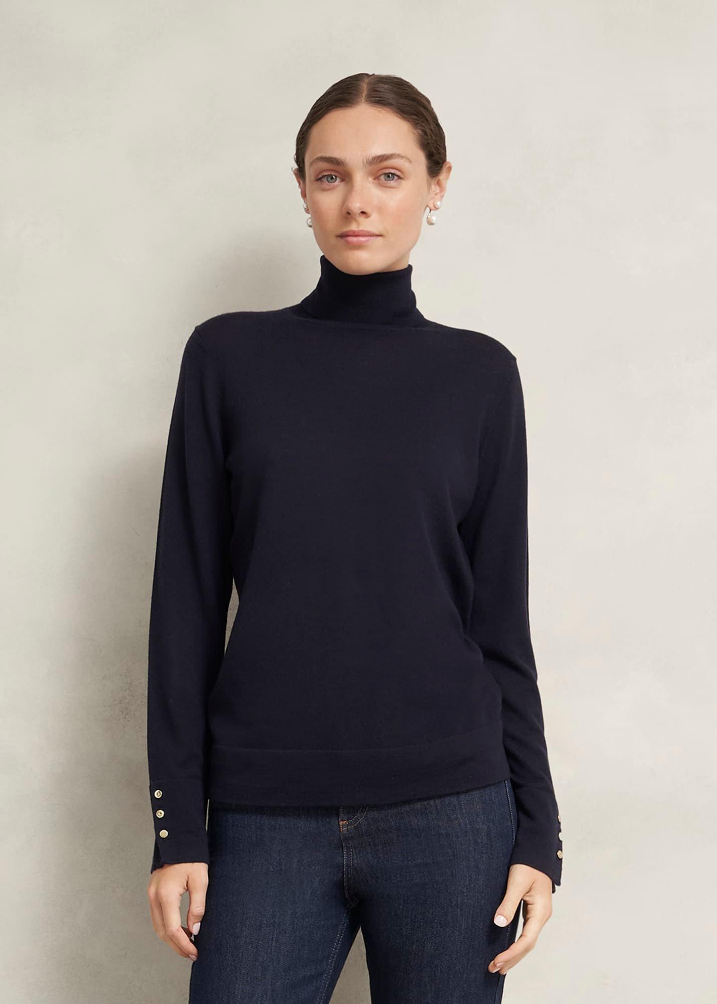 Lara Merino Rollneck Jumper, Navy, hi-res