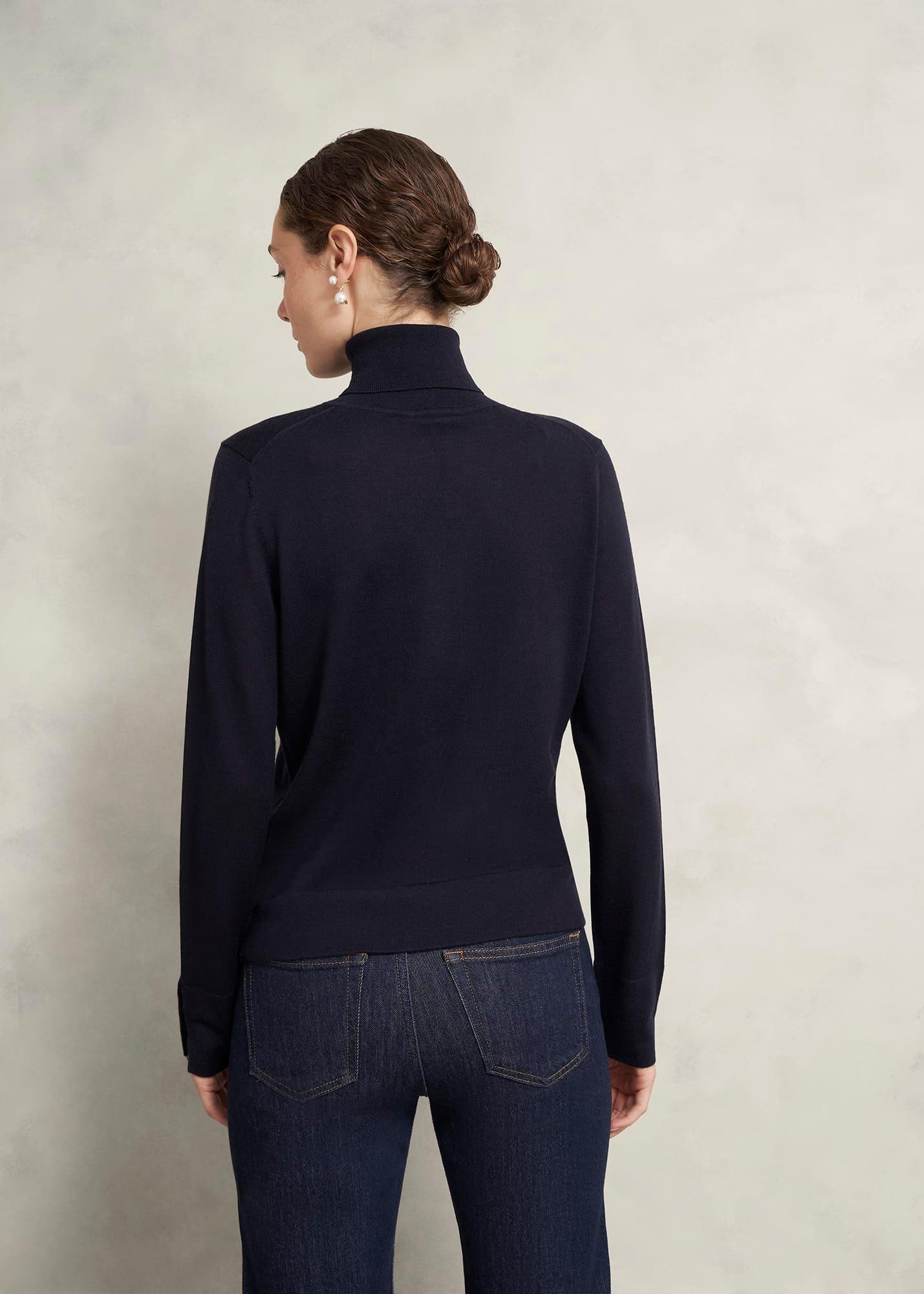 Lara Merino Rollneck Jumper, Navy, hi-res