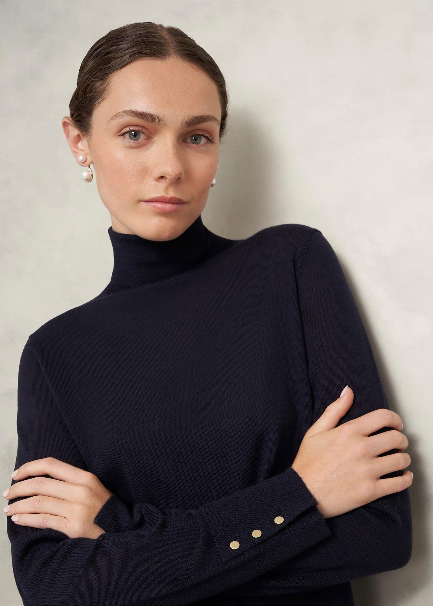 Lara Merino Rollneck Jumper, Navy, hi-res