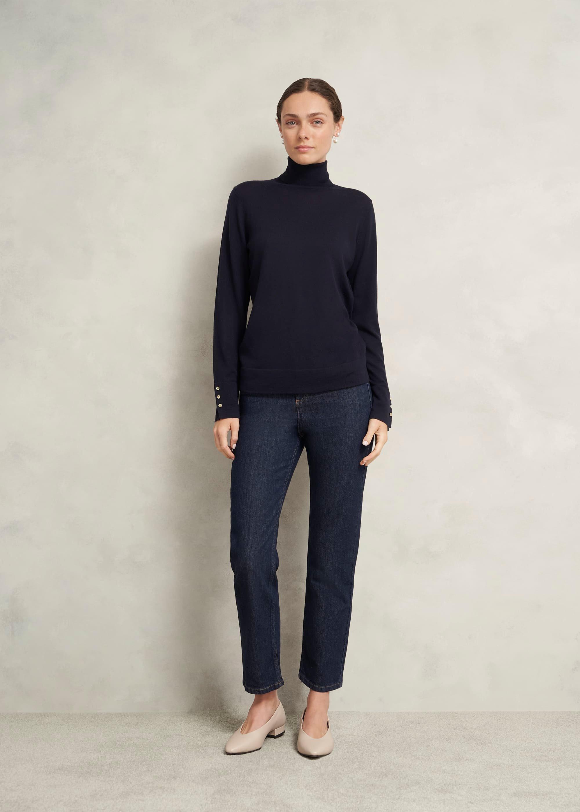 Lara Merino Rollneck Jumper, Navy, hi-res