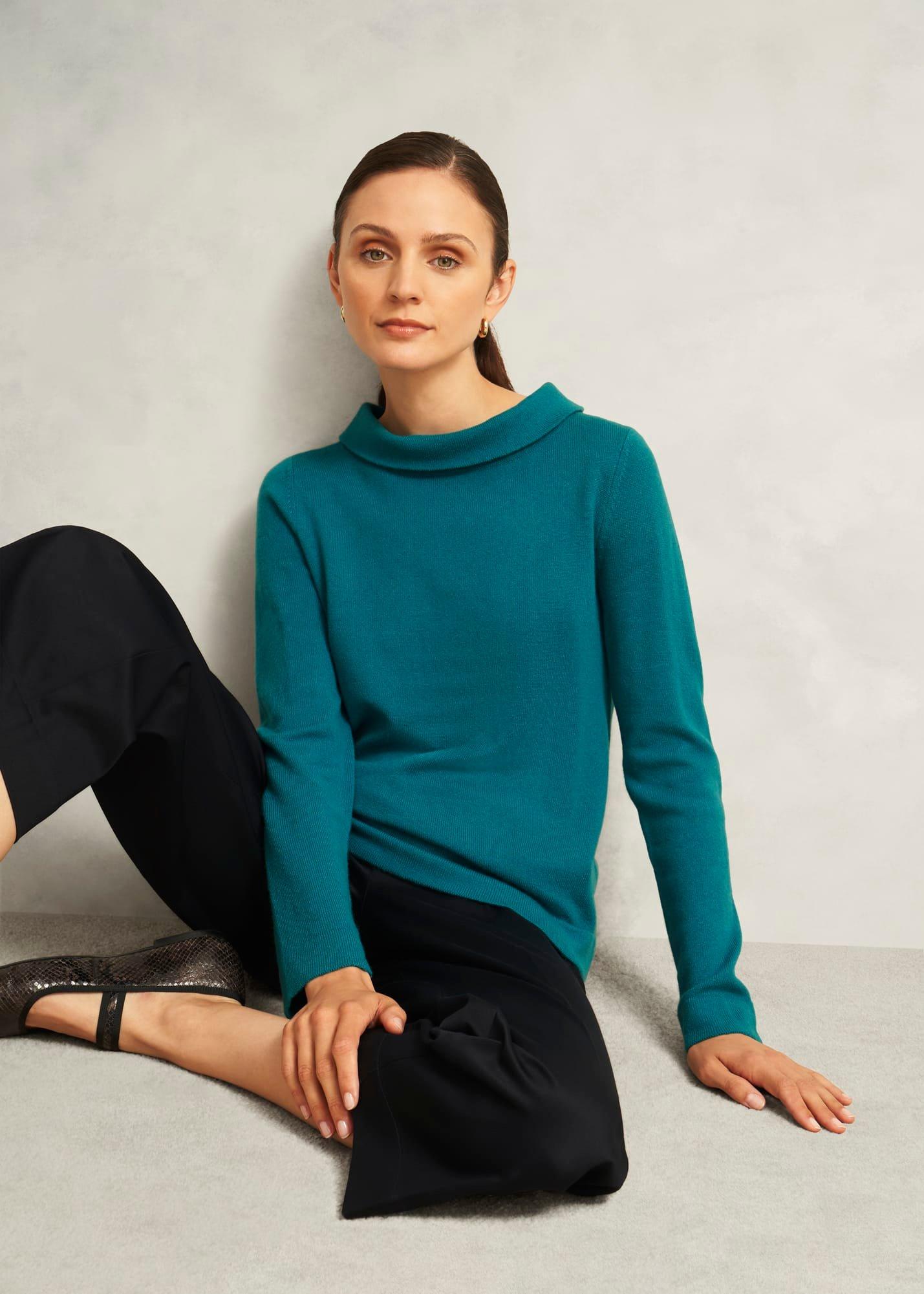 Dark Green Audrey Cashmere Blend Roll Neck Jumper, Deep Lake Green, hi-res