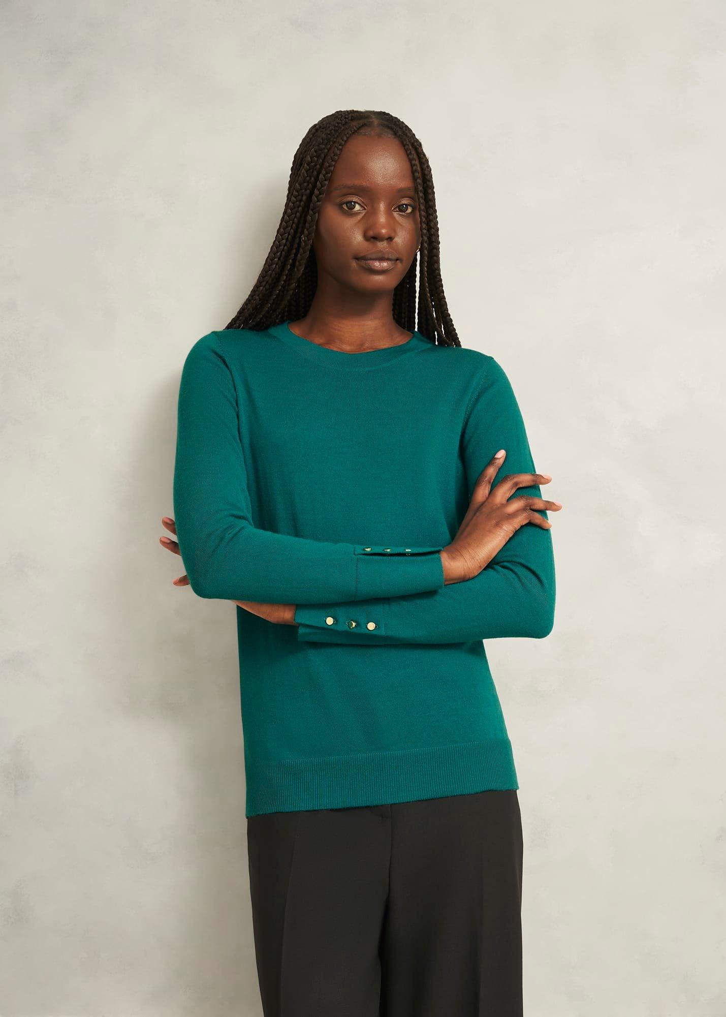 Dark Green Penny Merino Wool Crew Neck Knitted Jumper