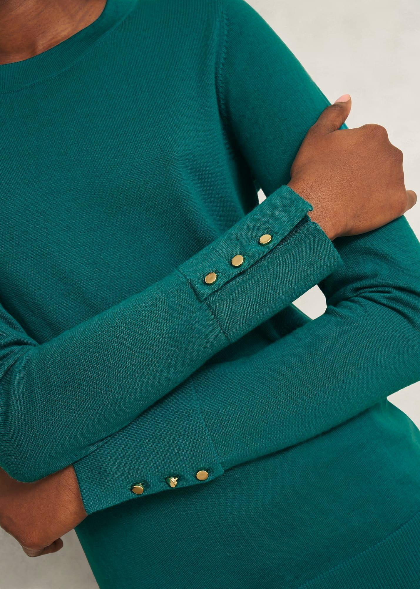 Dark Green Penny Merino Wool Crew Neck Knitted Jumper, Deep Lake Green, hi-res